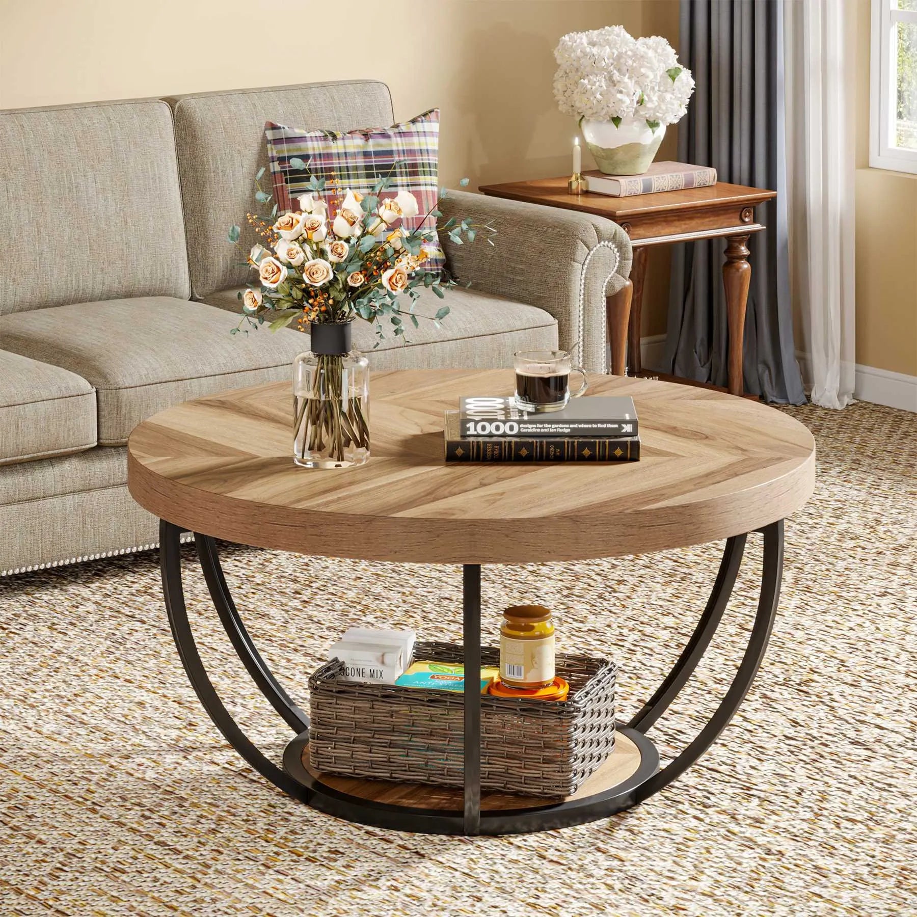 Eleganter Runder Couchtisch mit Ablageboden – Bogenförmiger Stahlrahmen – Ø80,5 cm