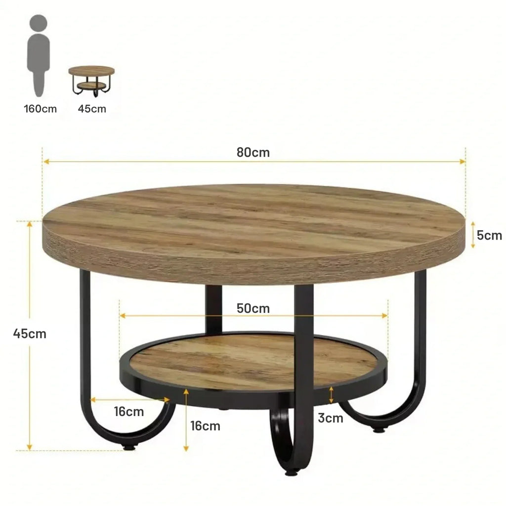 Eleganter runder Couchtisch mit Ablage – Gebogener Stahlrahmen – Ø80 cm