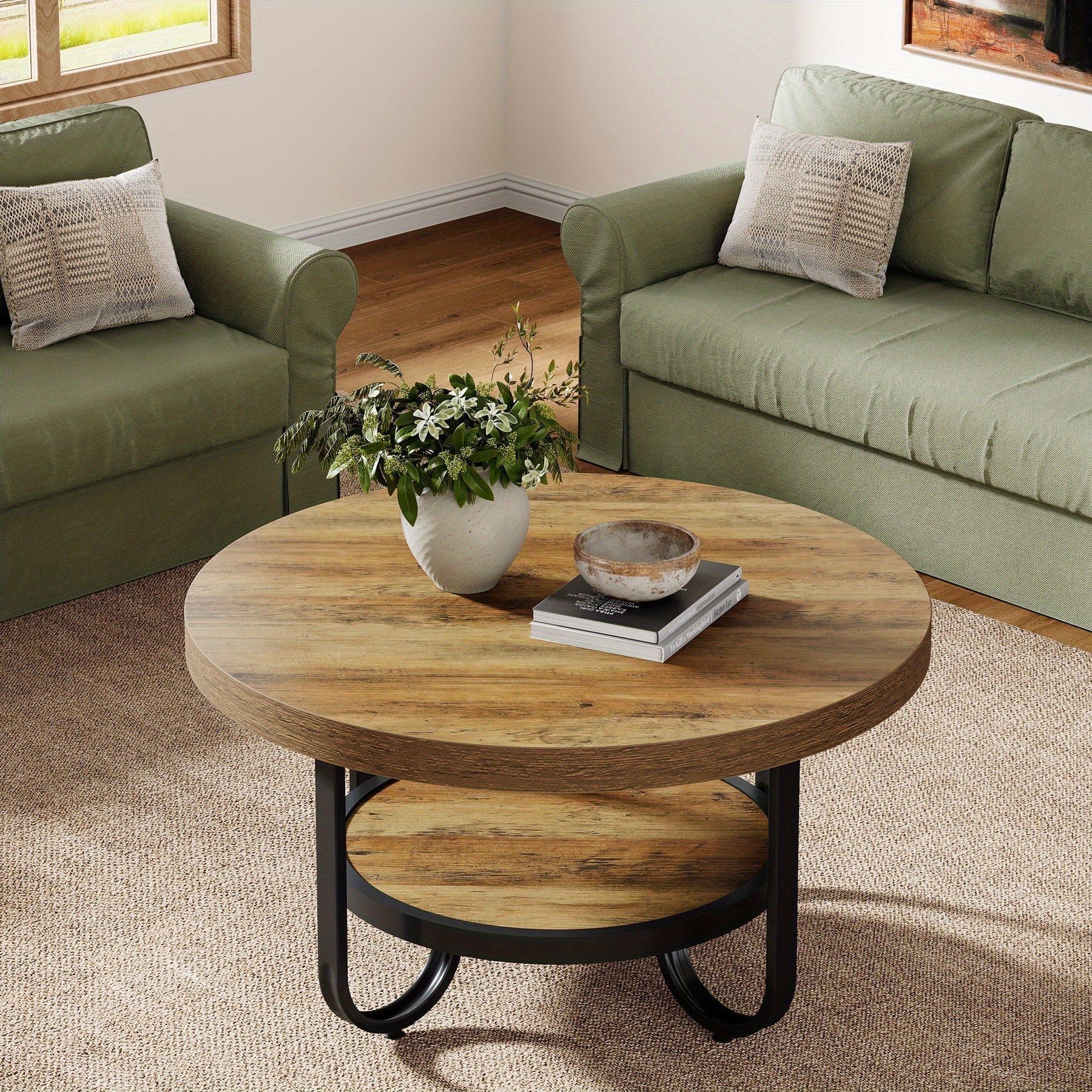 Eleganter runder Couchtisch mit Ablage – Gebogener Stahlrahmen – Ø80 cm