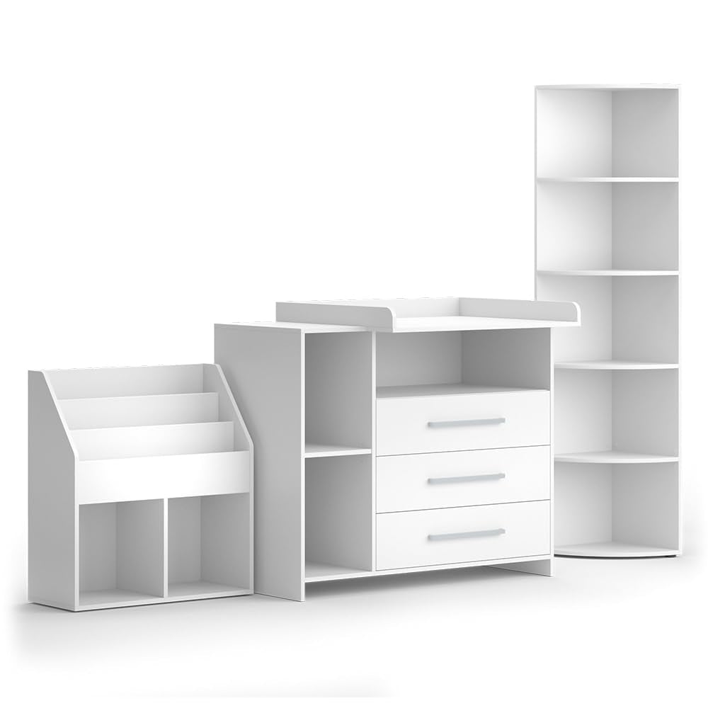Vicco Oskar Kinderzimmer Set mit Wickelkommode & Spielzeugregal – Umbaubare Babyzimmer Möbel Weiß