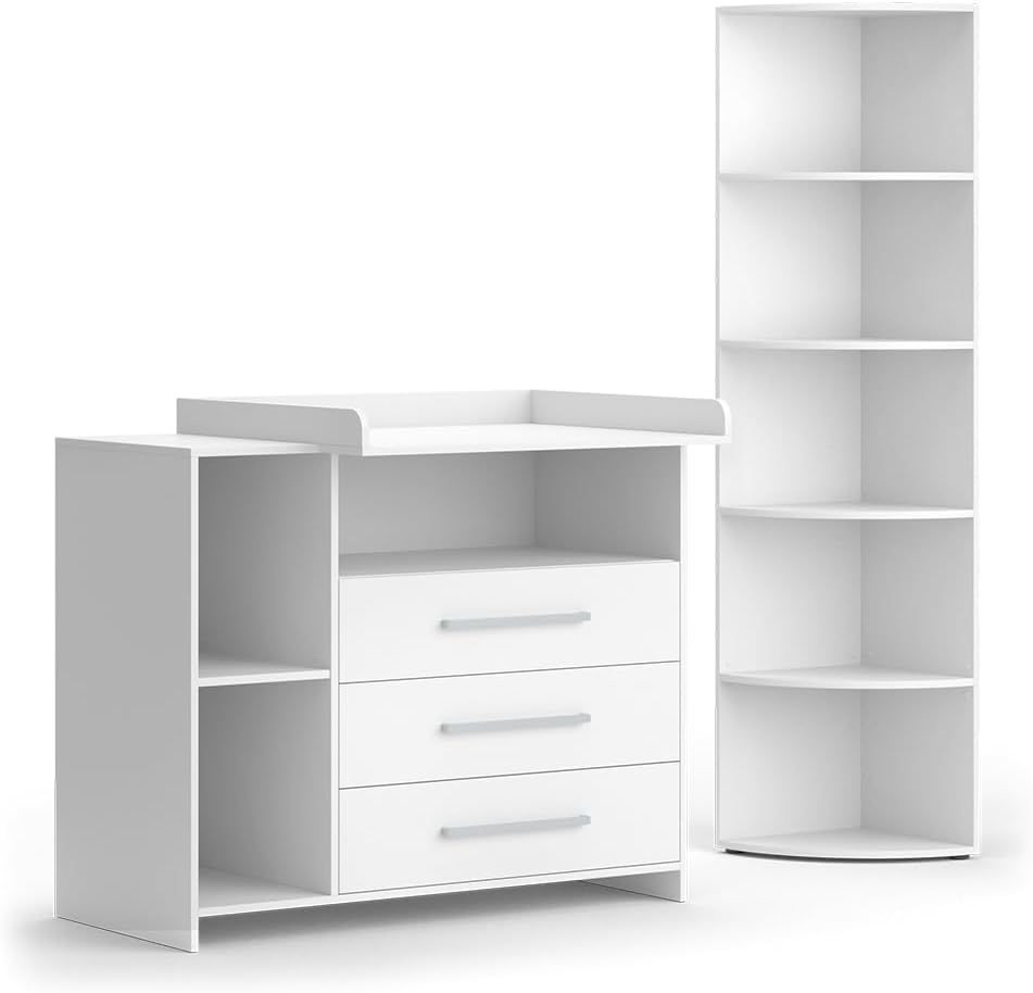 Vicco Oskar Kinderzimmer Set mit Wickelkommode & Spielzeugregal – Umbaubare Babyzimmer Möbel Weiß