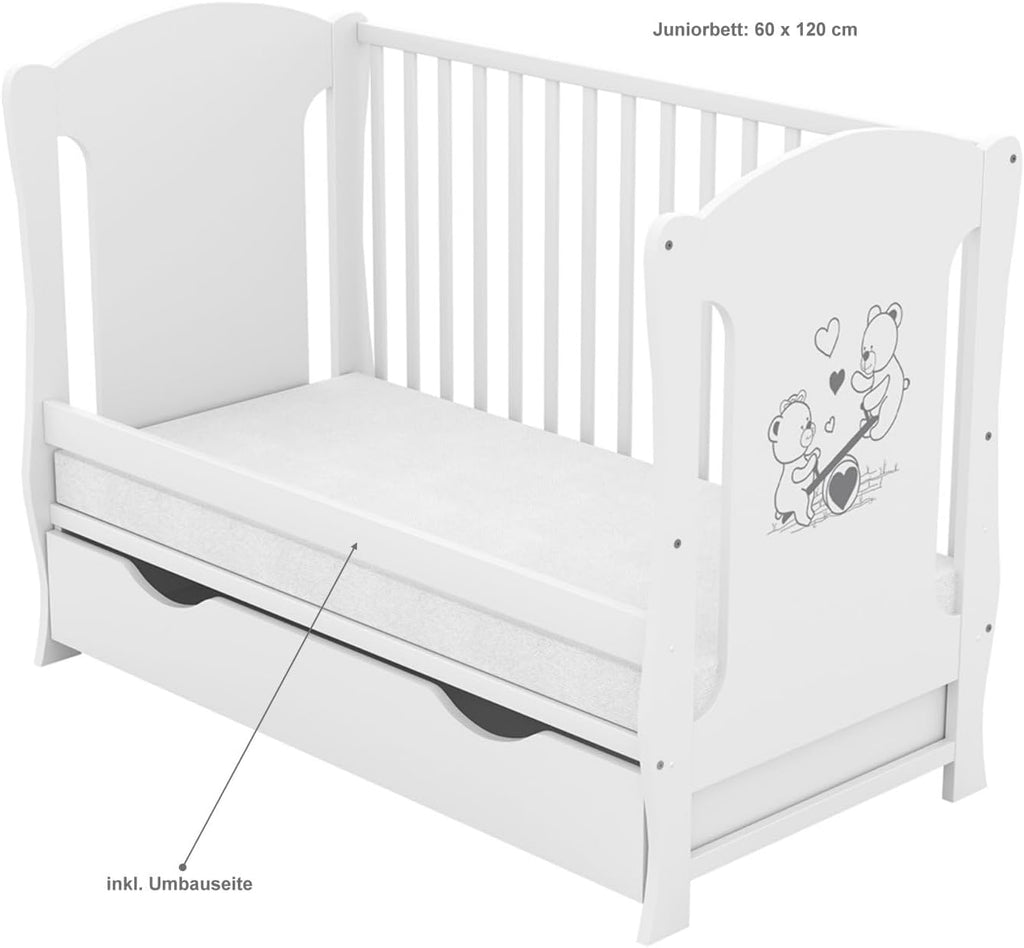 Baby Delux Babybett 60x120 Weiß mit Matratze & Schublade, Umbaubar zum Juniorbett, Kinderbett aus Kiefernholz