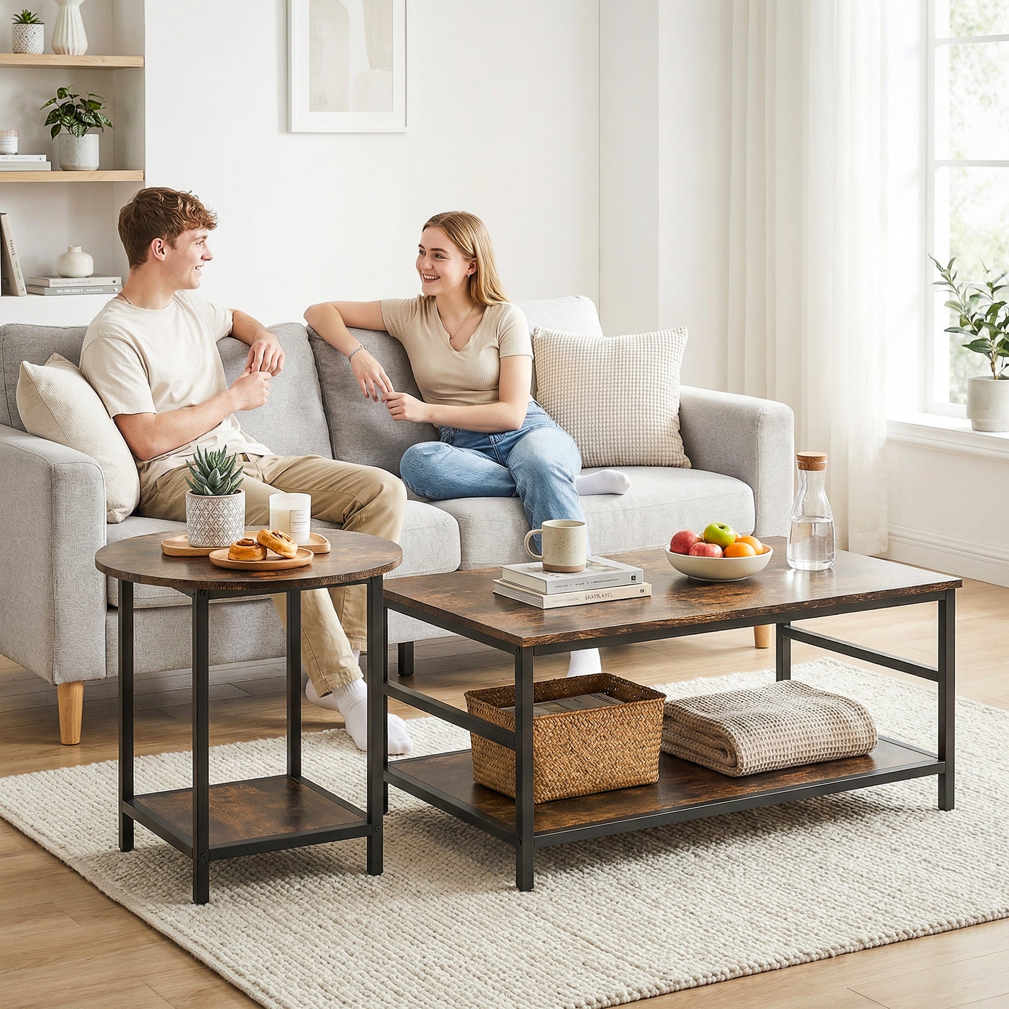 Couchtisch-Set 2-teilig mit Stauraum – Runder und Rechteckiger Satztisch im Industriellen Stil – Rustikal Braun