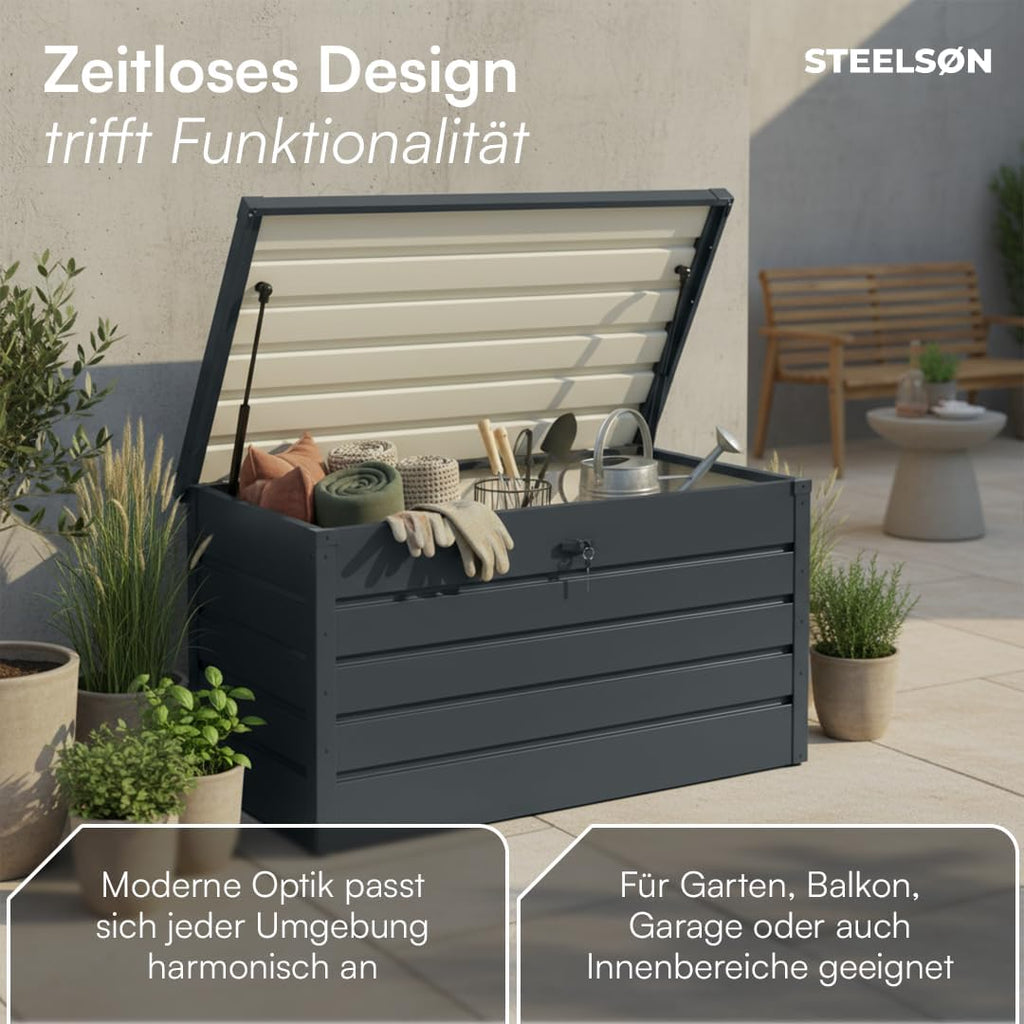 STEELSØN Gartenbox Dorado Metall Anthrazit wasserdicht abschließbar Auflagenbox mit Deckel Outdoor Aufbewahrungsbox