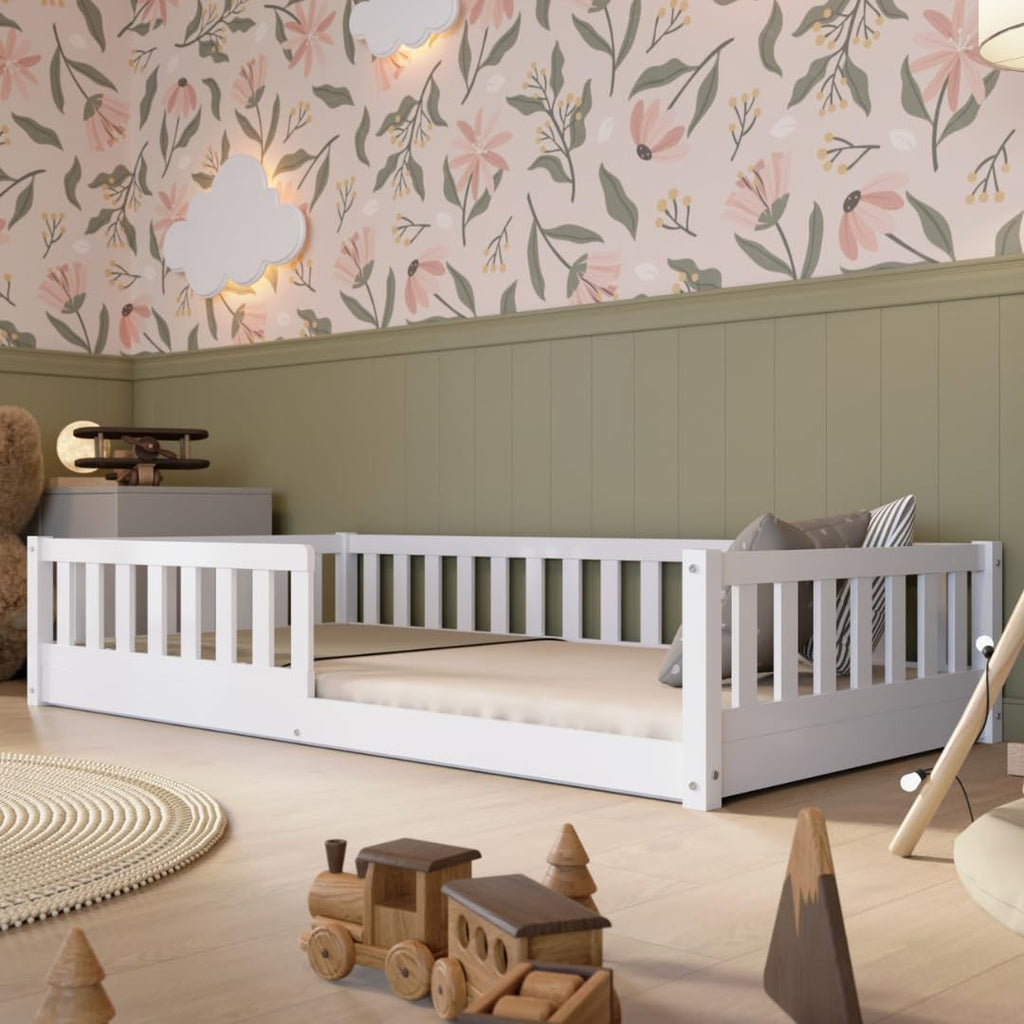Crazy Pine Montessori Bodenbett Kinderbett Holz mit Schublade Rausfallschutz Skandinavisches Design