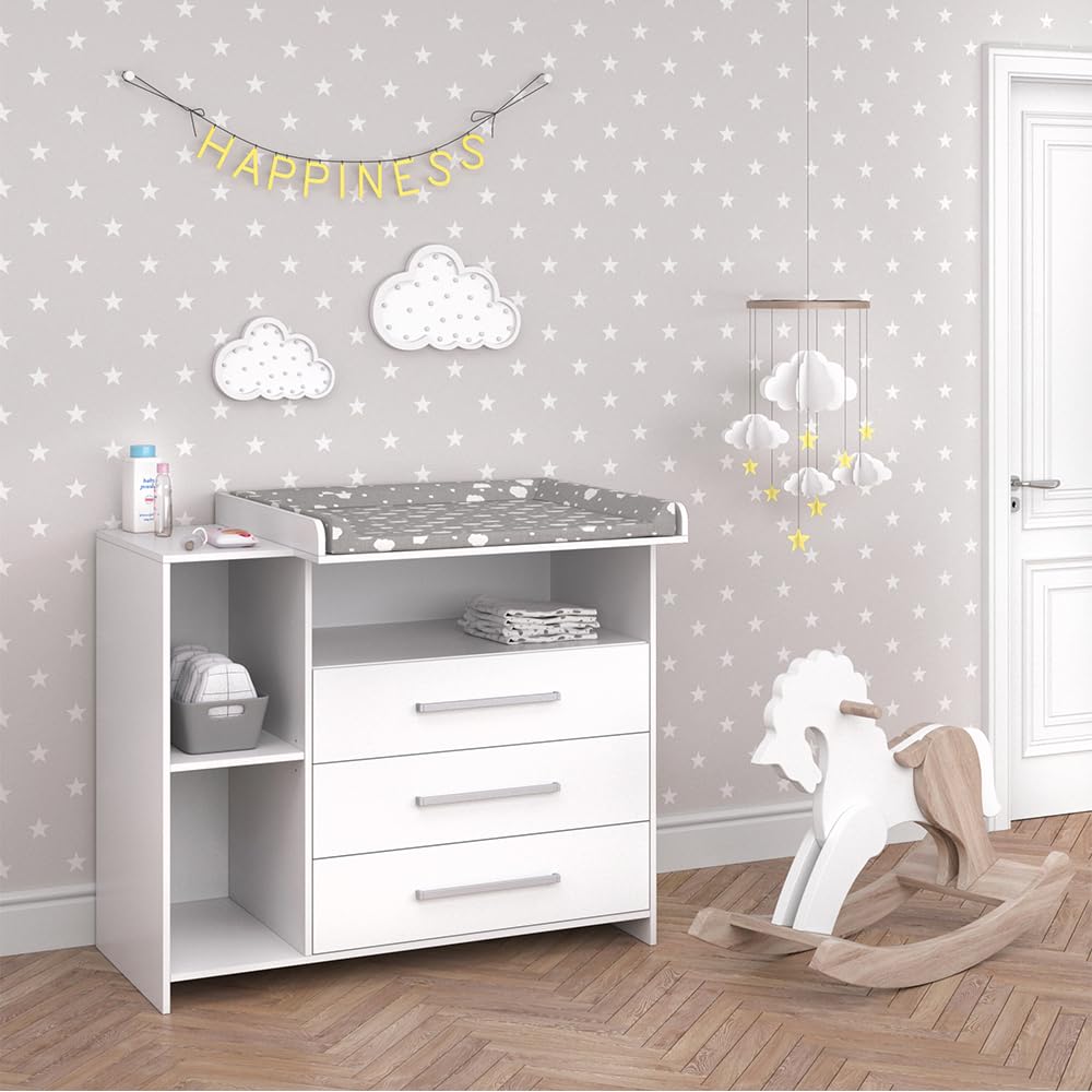 Vicco Oskar Kinderzimmer Set mit Wickelkommode & Spielzeugregal – Umbaubare Babyzimmer Möbel Weiß