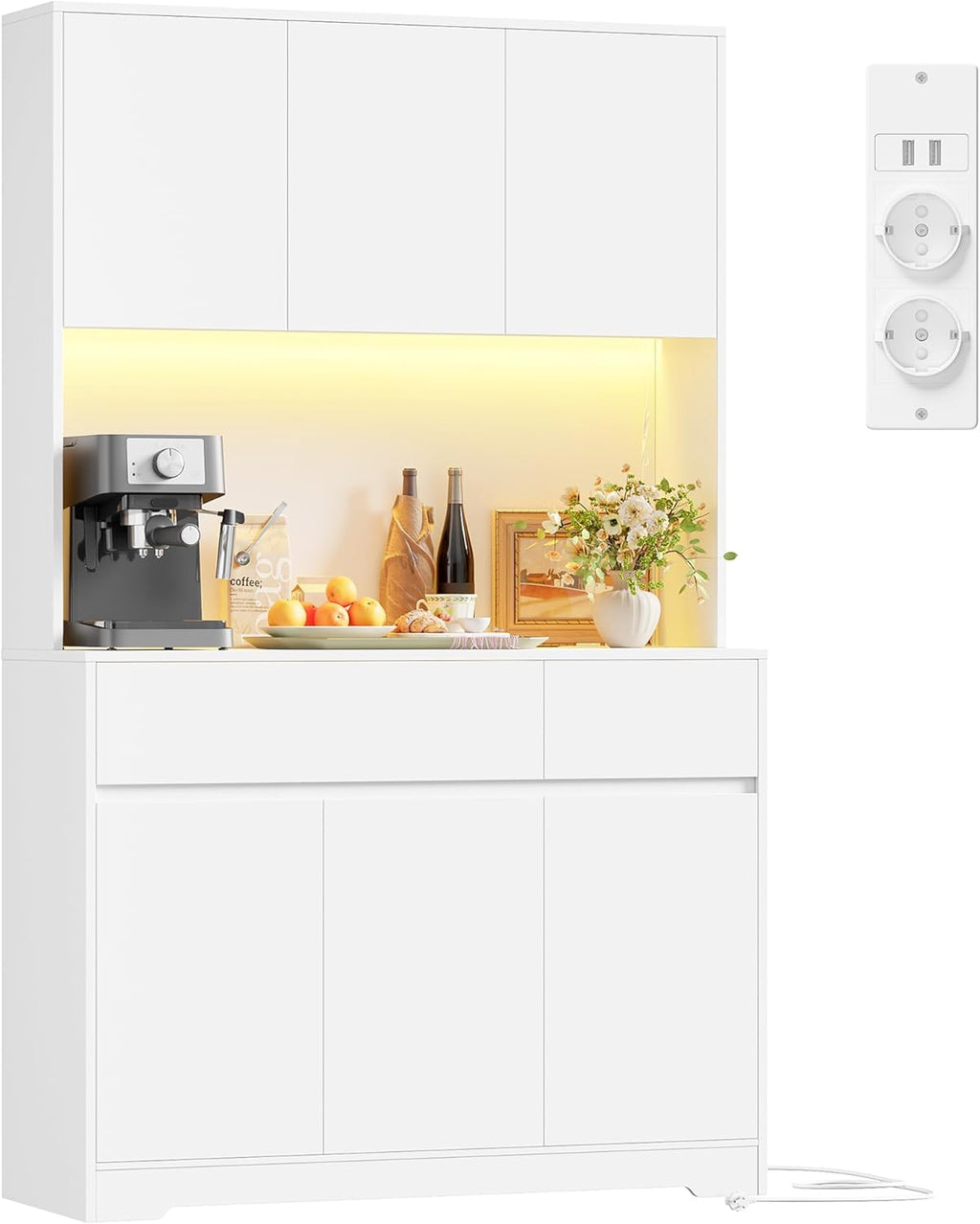 FirFurd Küchenschrank Buffetschrank Weiß 180x100x38,5 cm mit LED, Steckdose, Arbeitsplatte, Sideboard mit Türen & Schubladen