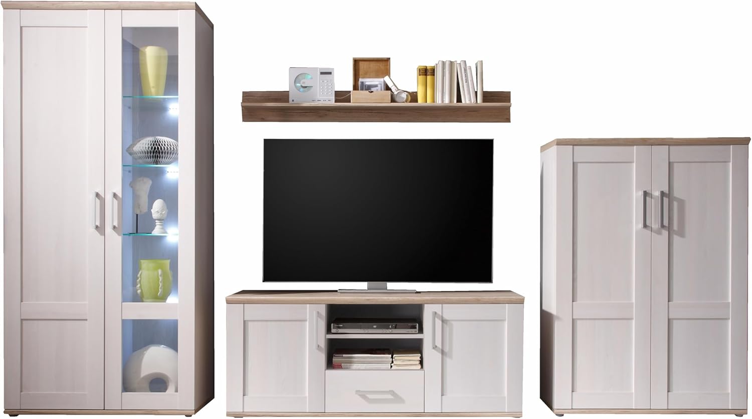 Stella Trading ROMANCE Wohnwand Wohnzimmer Set Sibiu Lärche & Eiche San Remo, Landhaus Möbel mit Stauraum & LED