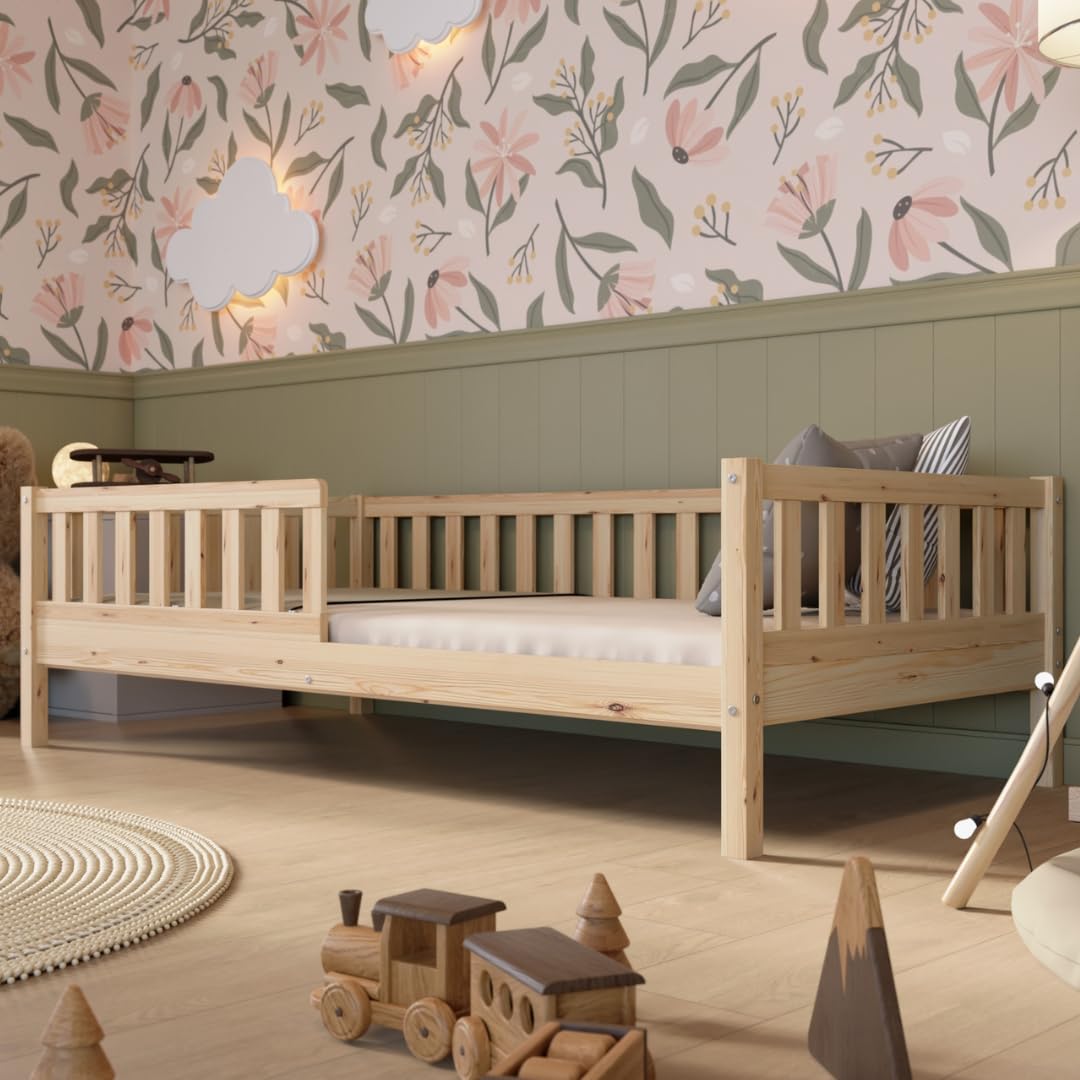 Crazy Pine Montessori Bodenbett Kinderbett Holz mit Schublade Rausfallschutz Skandinavisches Design