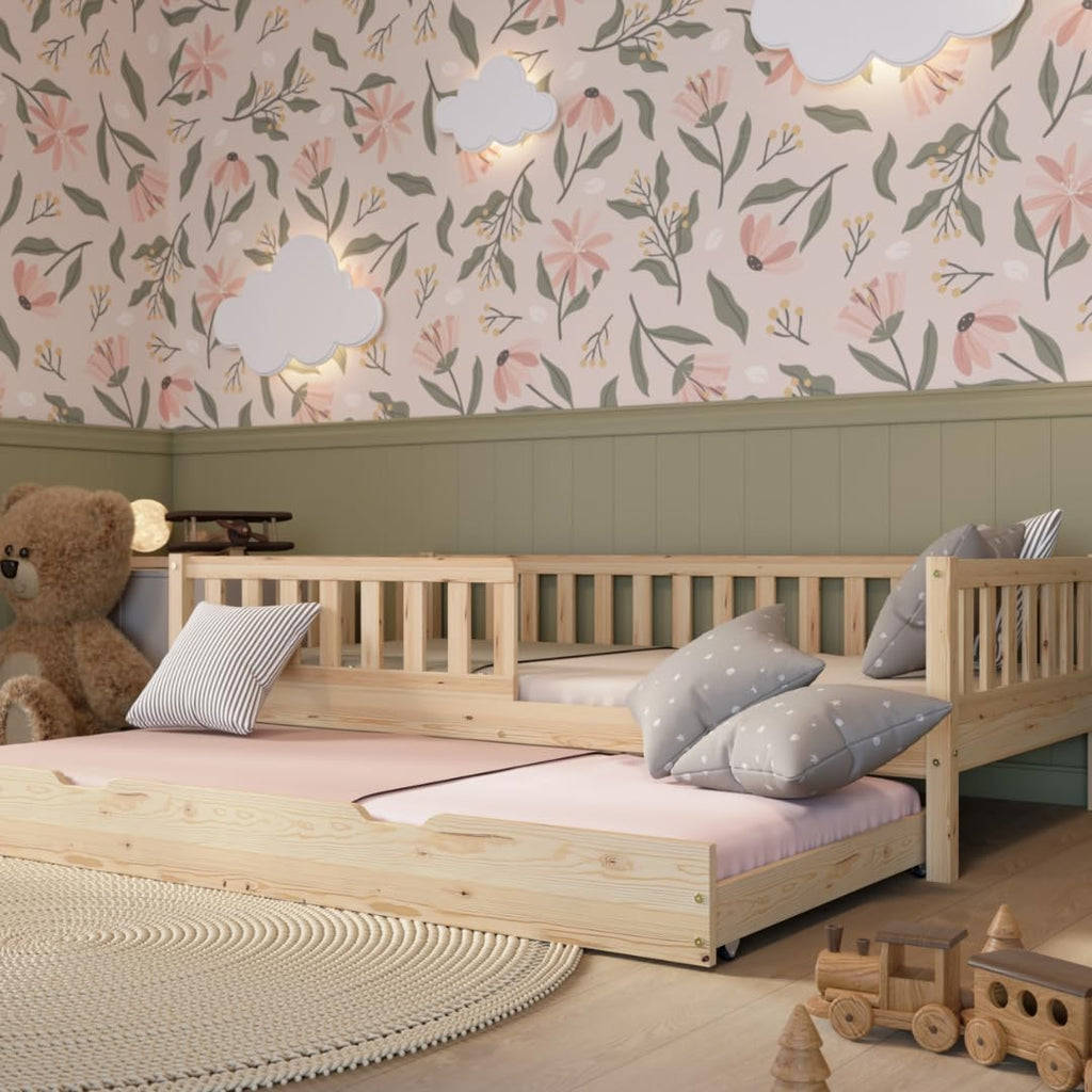 Crazy Pine Montessori Bodenbett Kinderbett Holz mit Schublade Rausfallschutz Skandinavisches Design