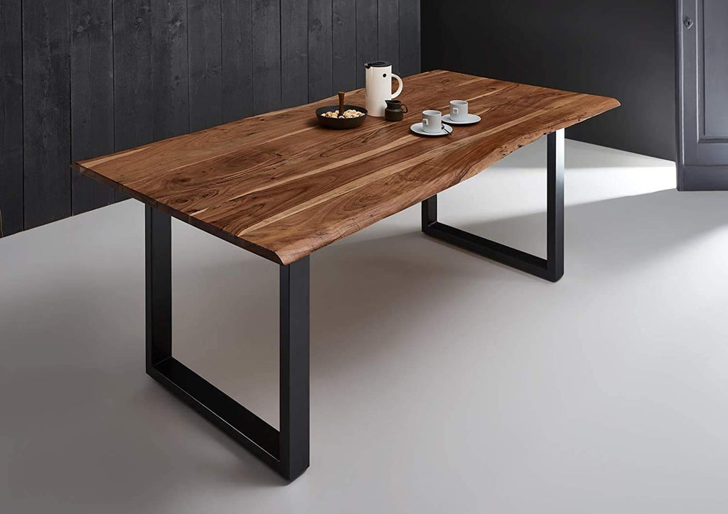 SAM Baumkantentisch aus massivem Akazienholz – Industrial Esstisch mit schwarzem U-Gestell Nussbaumfarben