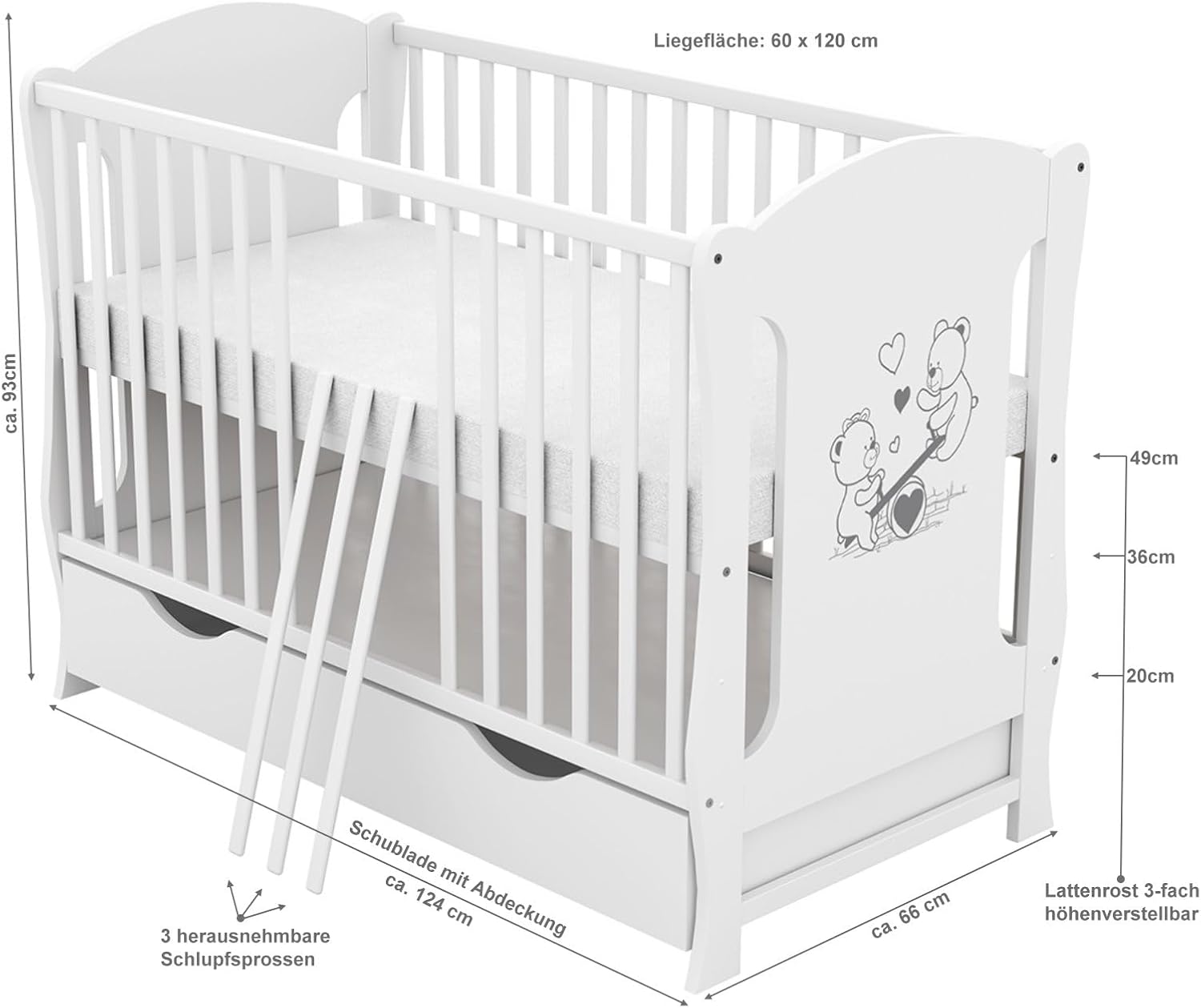 Baby Delux Babybett 60x120 Weiß mit Matratze & Schublade, Umbaubar zum Juniorbett, Kinderbett aus Kiefernholz