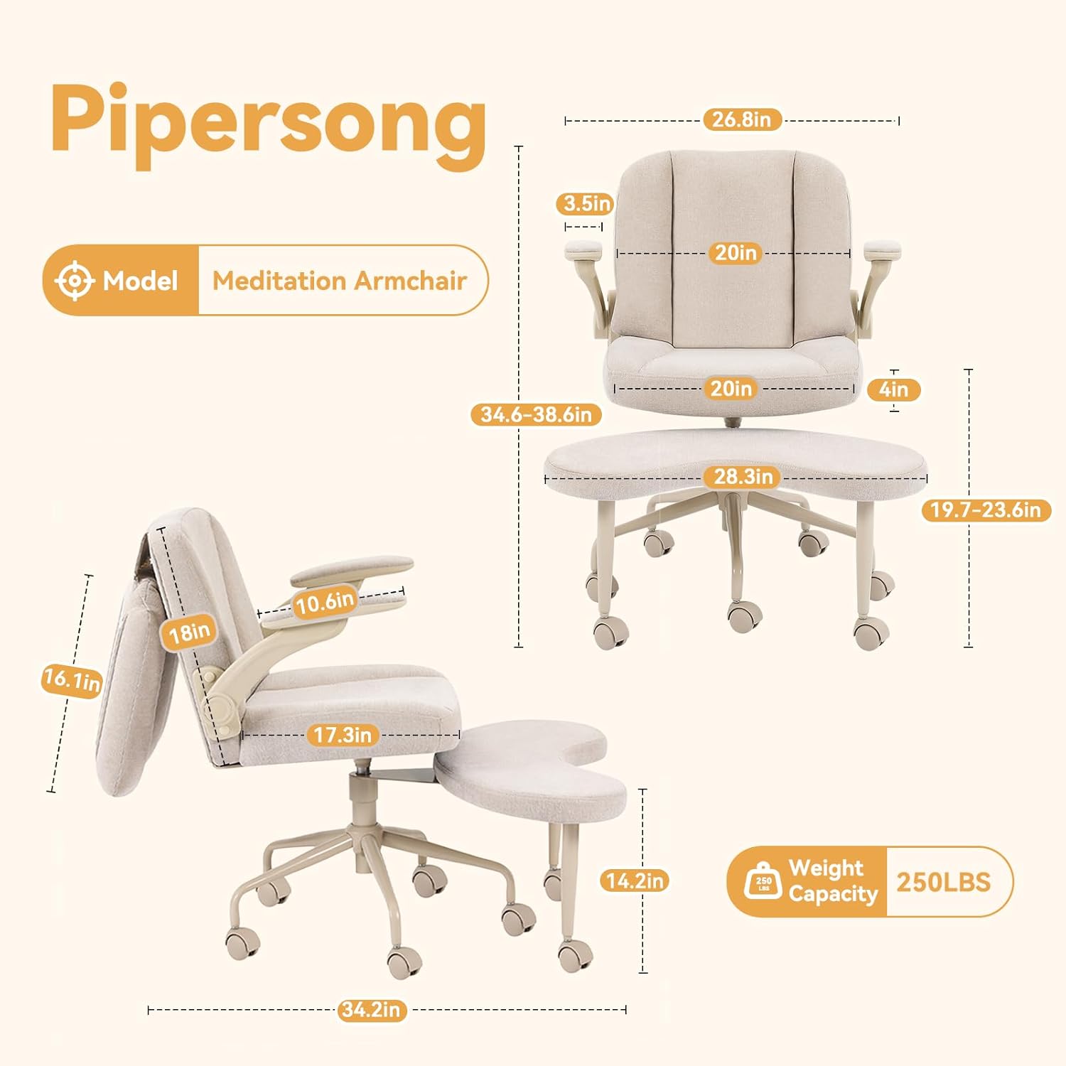 Pipersong ADHS Stuhl ergonomisch mit verstellbaren Armlehnen – Criss Cross Schreibtischstuhl mit Fußstütze & Rollen