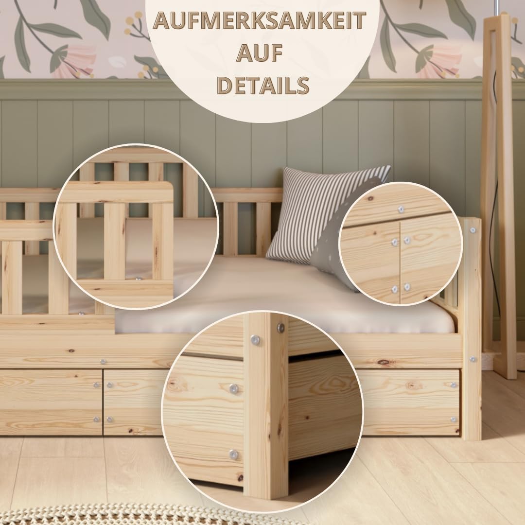 Crazy Pine Montessori Bodenbett Kinderbett Holz mit Schublade Rausfallschutz Skandinavisches Design