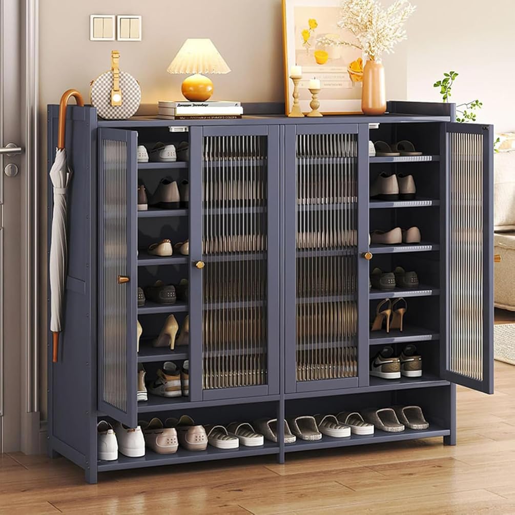 Schuhschrank Holz mit Korbgeflecht-Türen, Moderner Bambus Schuhschränke, Schuhregal mit Stauraum, Shoes Cabinet für Flur, Wohnzimmer, Schlafzimmer,H
