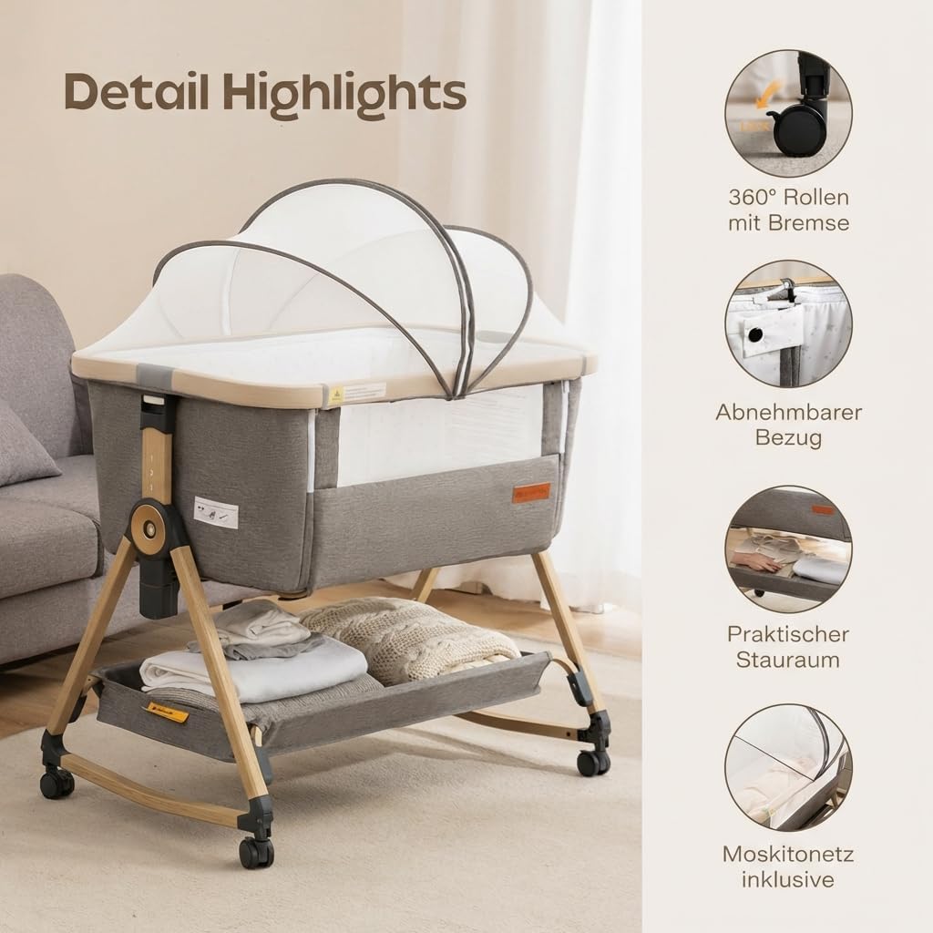 Maydolly 3-in-1 Baby Beistellbett Grau mit Matratze & Moskitonetz, Höhenverstellbares Reisebett mit Rollen für Neugeborene