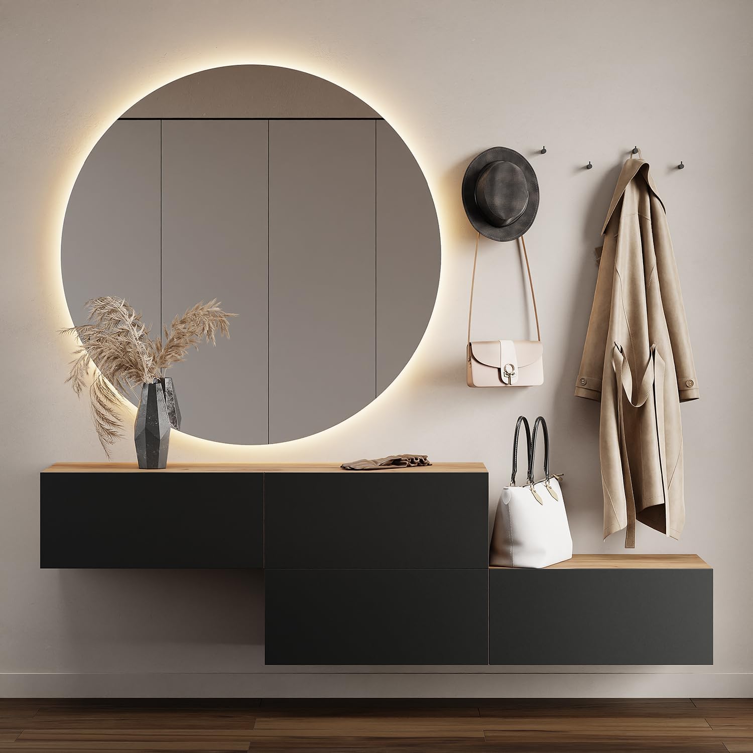Planetmöbel Flur Garderobe mit Stauraum & Klappe – Hängeschrank Wandgarderobe Holzwerkstoff Gold Eiche Anthrazit