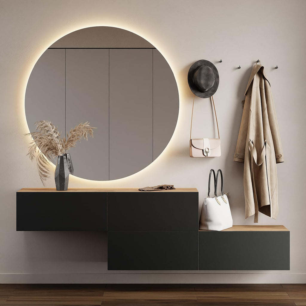 Planetmöbel Flur Garderobe mit Stauraum & Klappe – Hängeschrank Wandgarderobe Holzwerkstoff Gold Eiche Anthrazit