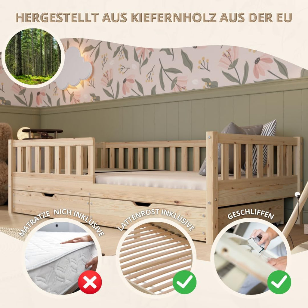 Crazy Pine Montessori Bodenbett Kinderbett Holz mit Schublade Rausfallschutz Skandinavisches Design
