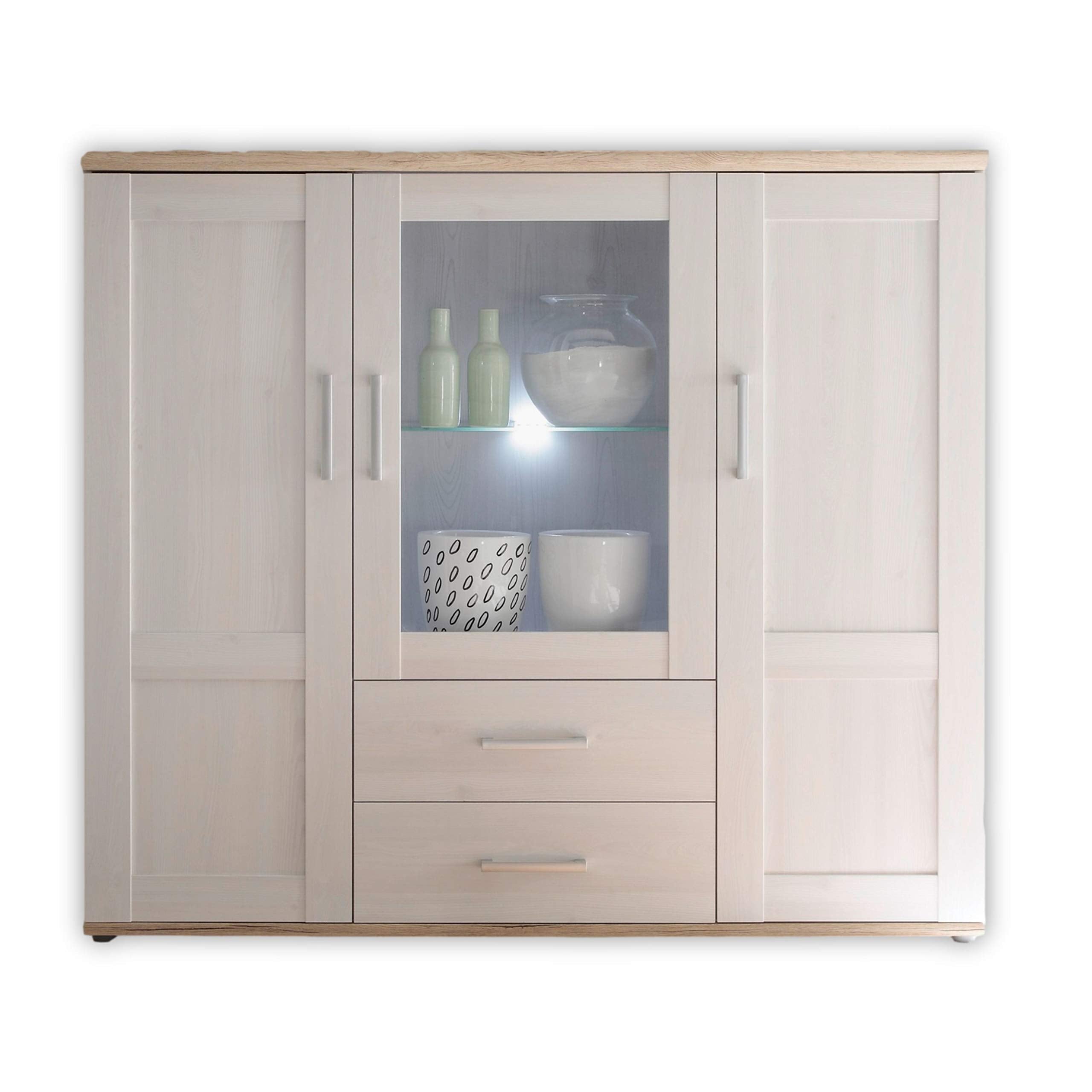 Stella Trading ROMANCE Wohnwand Wohnzimmer Set Sibiu Lärche & Eiche San Remo, Landhaus Möbel mit Stauraum & LED