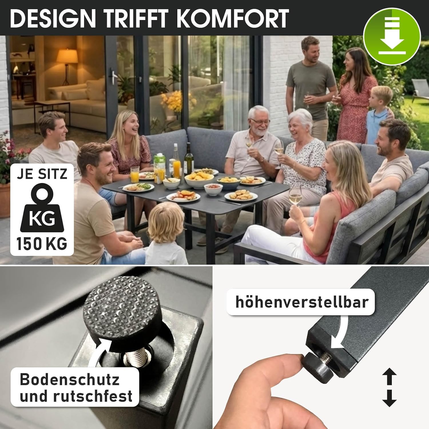 BRAST Gartenmöbel Lounge Set Madrid Hellgrau für bis zu 11 Personen, Wetterfeste Outdoor Sitzgruppe mit Tisch & Hocker