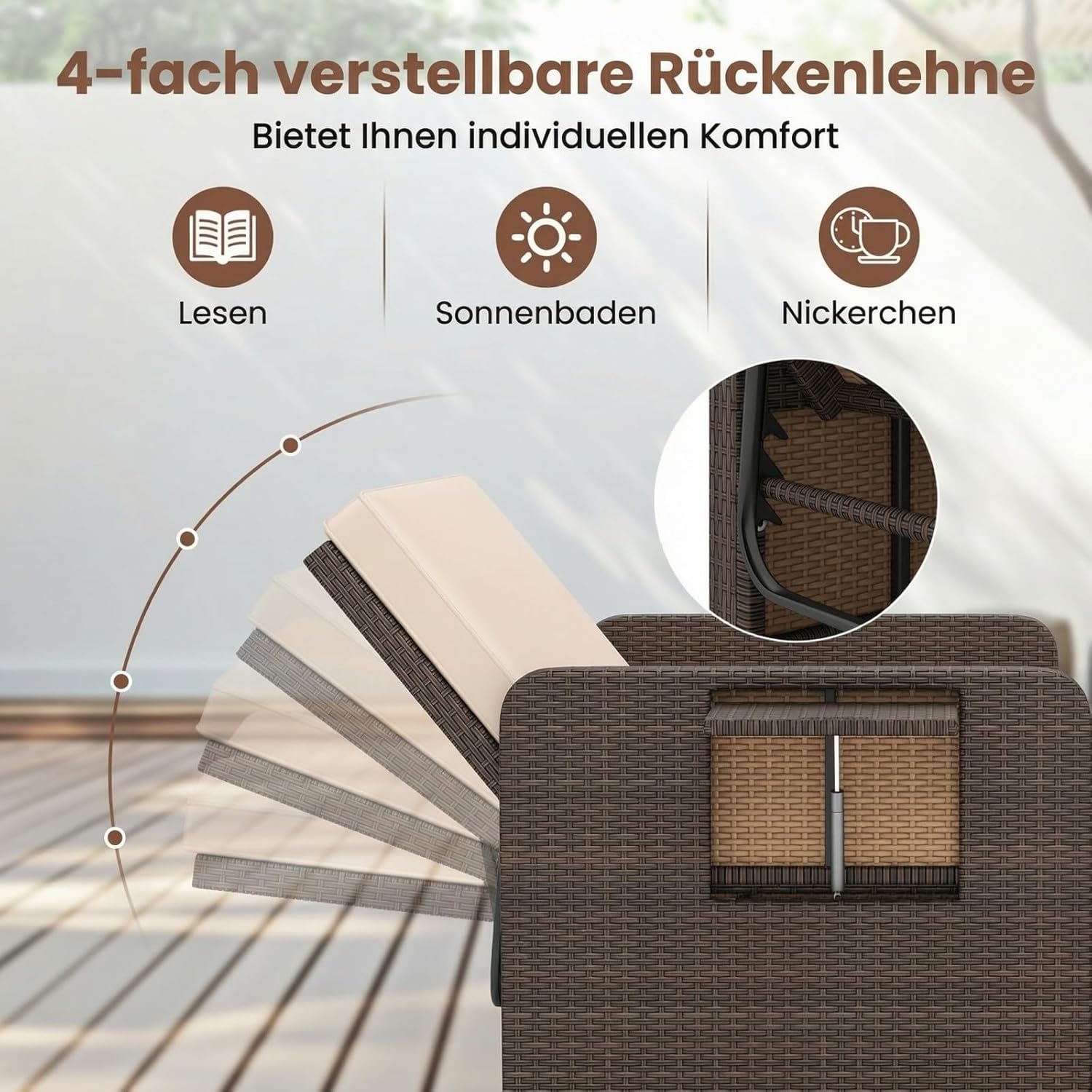 GIANTEX Rattan Lounge Gartenmöbel Set 2-Sitzer Doppelliege mit Hocker & Stauraum, Verstellbares Outdoor Sofa Balkon Terrasse