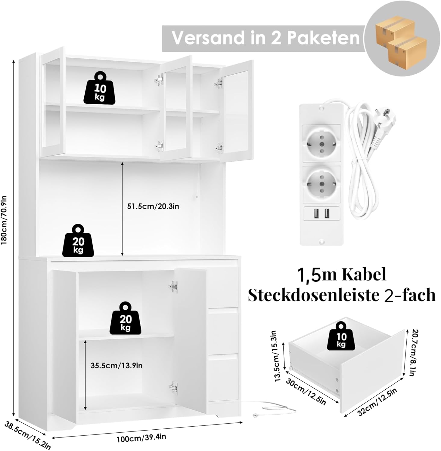 FirFurd Küchenschrank Weiß 180x100x38,5 cm mit LED, Steckdose, Arbeitsplatte, Buffetschrank mit Glastüren & 3 Schubladen