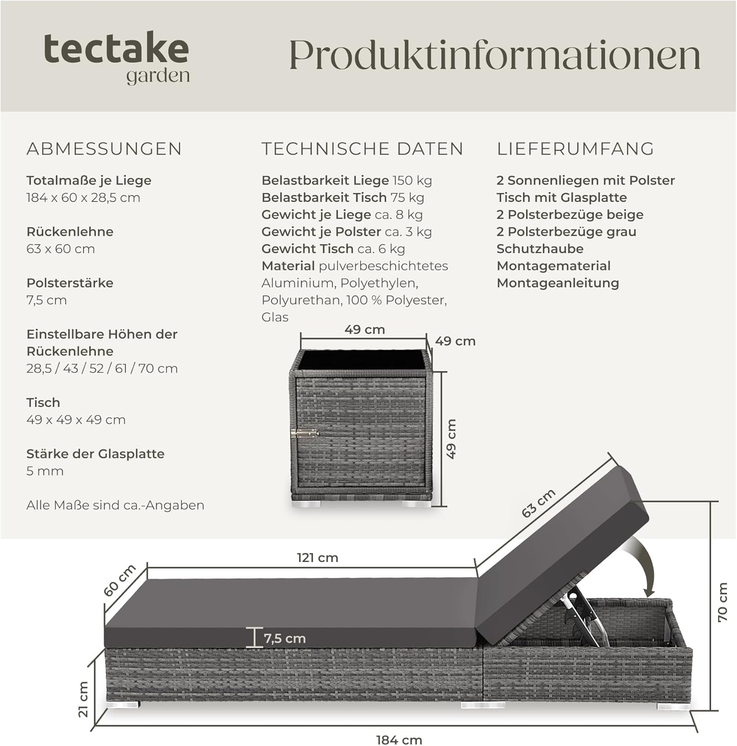 tectake 2er Gartenliege Set mit Tisch - Aluminium & Polyrattan Sonnenliegen, 5-fach Verstellbar, Schutzhülle inklusive