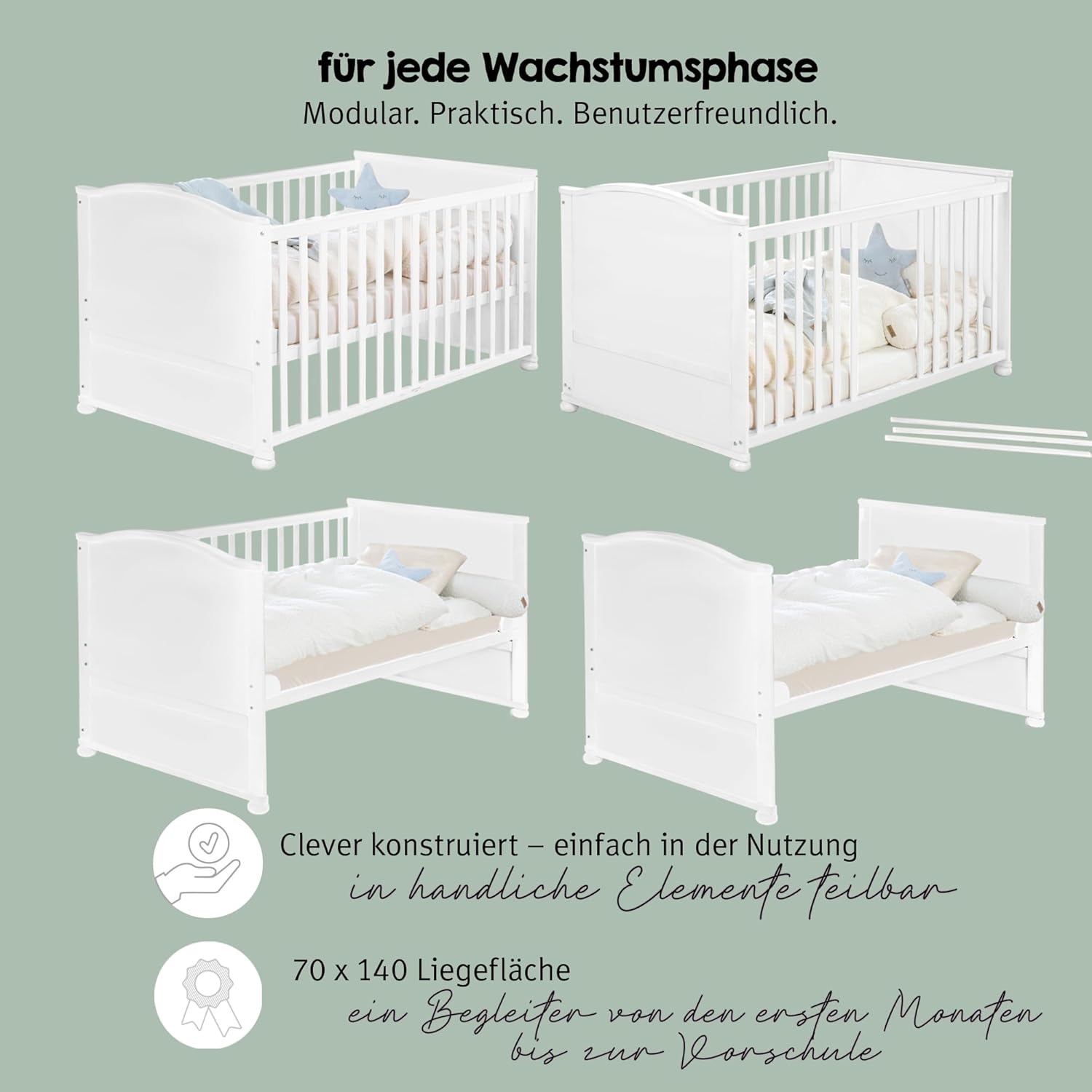 roba Babybett Set 70x140 mit Matratze, Bettwäsche & Himmel, Umbaubar zum Juniorbett