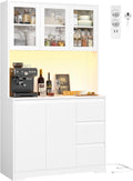 FirFurd Küchenschrank Weiß 180x100x38,5 cm mit LED, Steckdose, Arbeitsplatte, Buffetschrank mit Glastüren & 3 Schubladen
