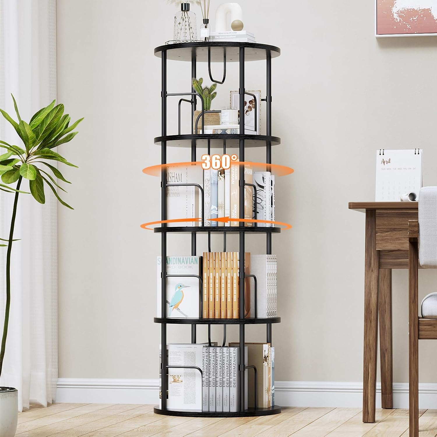 360° Drehbares Bücherregal, Bodenstehendes Bücherschrank Aus Holz, Bookshelf Mit 5 Ebenen, Verstellbare Ebenen, Standregal, 45×45×160cm, Weiß