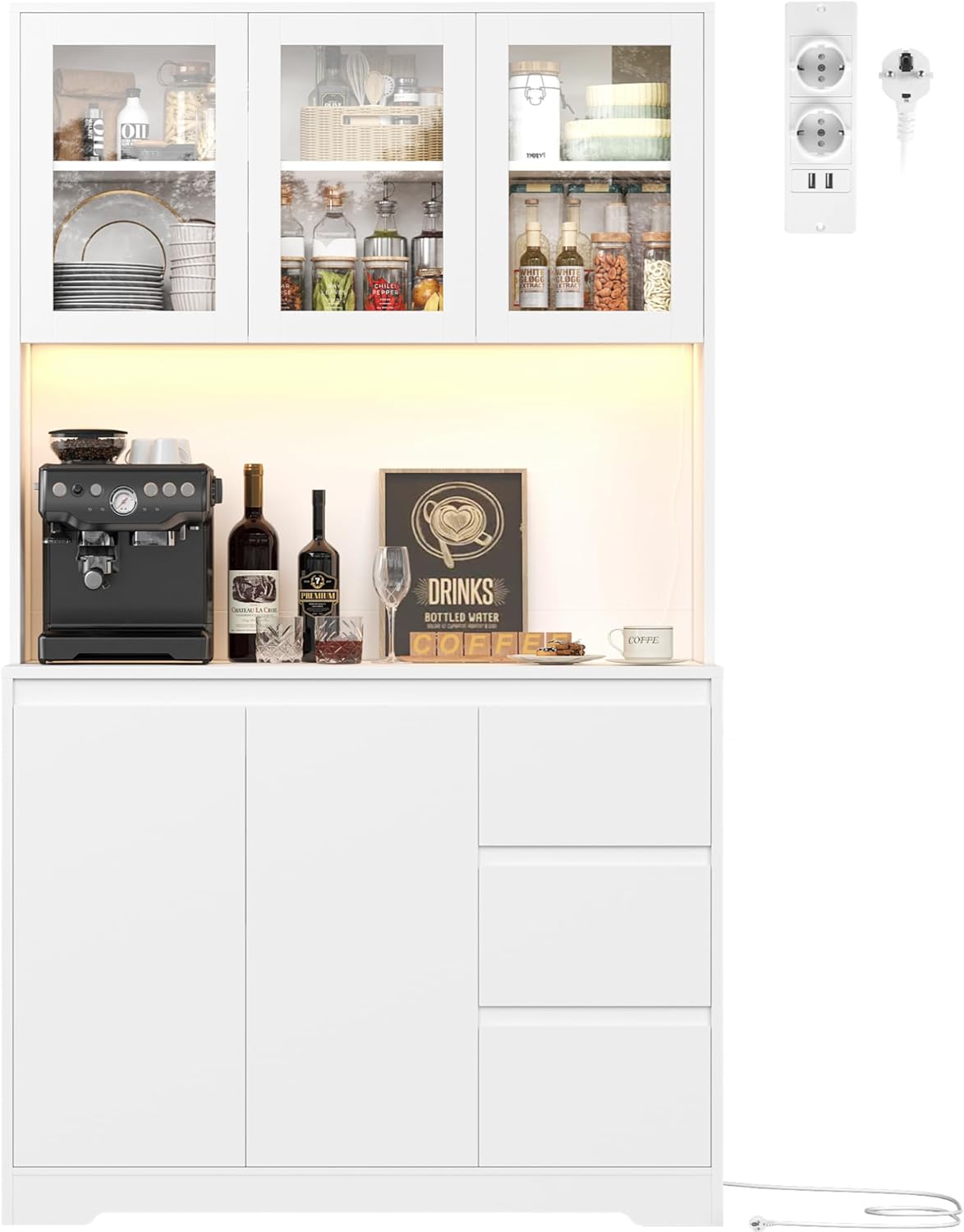 FirFurd Küchenschrank Weiß 180x100x38,5 cm mit LED, Steckdose, Arbeitsplatte, Buffetschrank mit Glastüren & 3 Schubladen