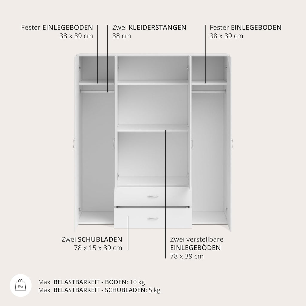 Stella Trading BASE Kleiderschrank Drehtürenschrank Weiß Holz Mehrere Größen