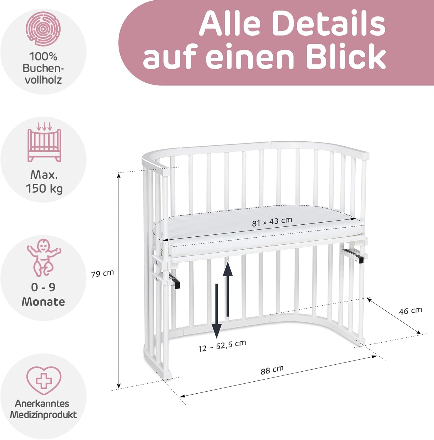 babybay Original Beistellbett aus massivem Buchenholz mit Matratze – Höhenverstellbares mitwachsendes Babybett