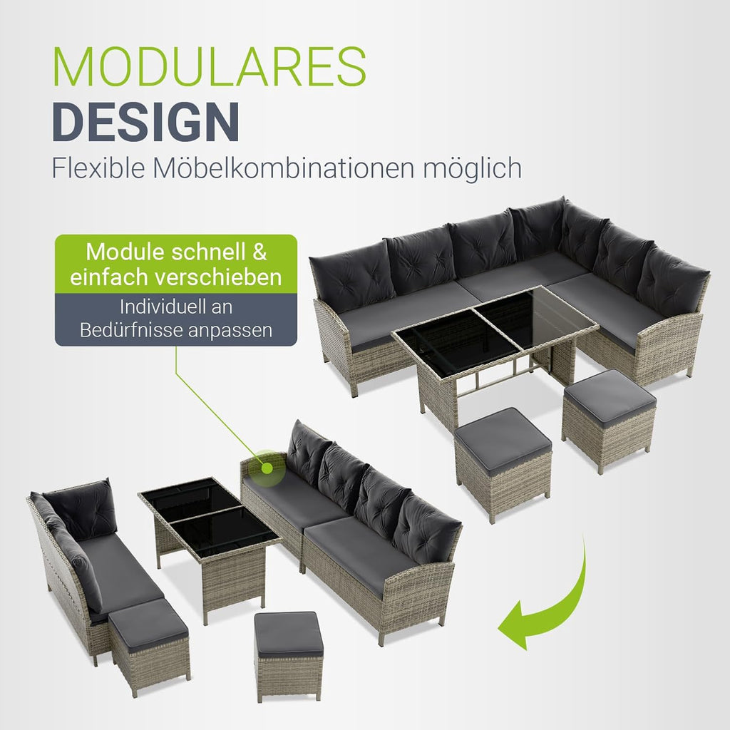 Juskys Polyrattan Gartenlounge Grau – Sitzgruppe mit Ecksofa, Tisch, Hocker, wetterfest, Outdoor Möbel Set