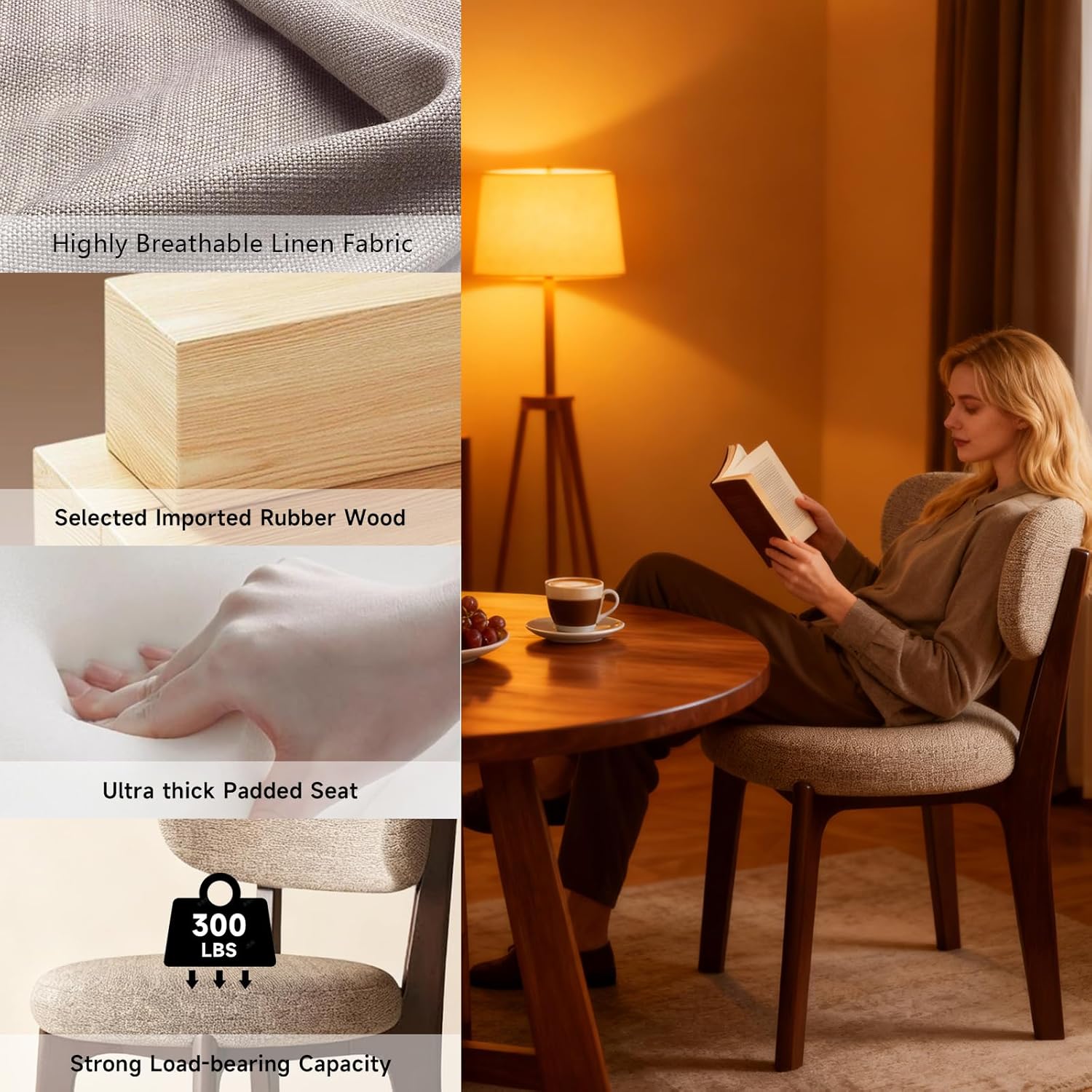 Esszimmerstühle 4er Set aus Holz, Moderne Polsterstuhl Essstühle, Küchenstühle mit Geschwungener Rückenlehne, Esszimmerstühle mit Holzbein für Esszimmer, Küche(Walnussbeine/Khaki)