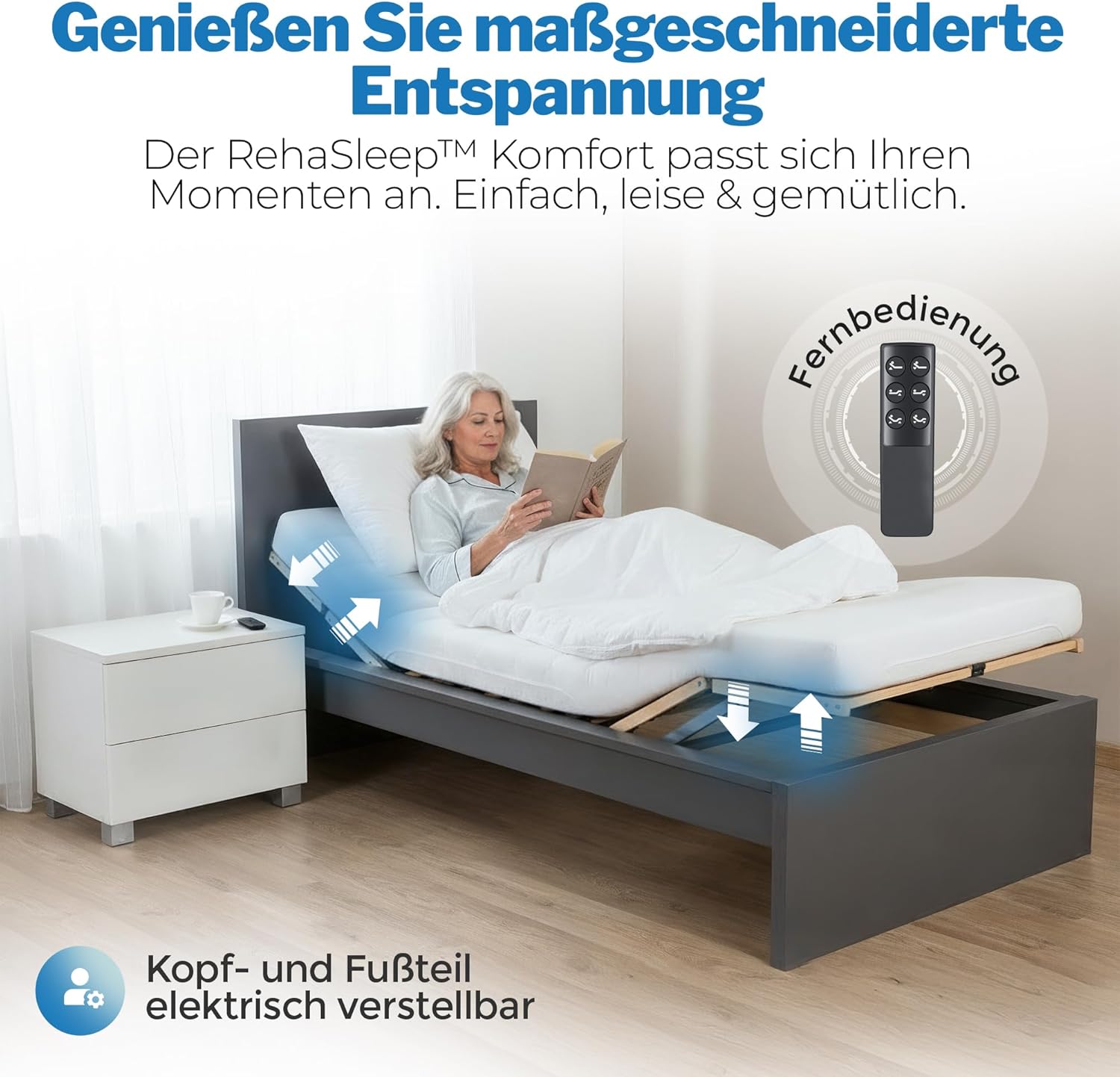 RehaSleep Elektrischer Lattenrost Komfort 28 Leisten Birkenholz verstellbar 7 Zonen ergonomisch Naturholz