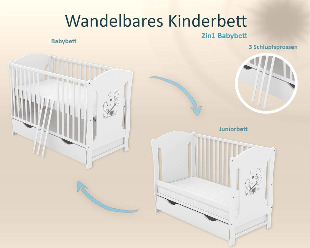 Baby Delux Babybett 60x120 Weiß mit Matratze & Schublade, Umbaubar zum Juniorbett, Kinderbett aus Kiefernholz
