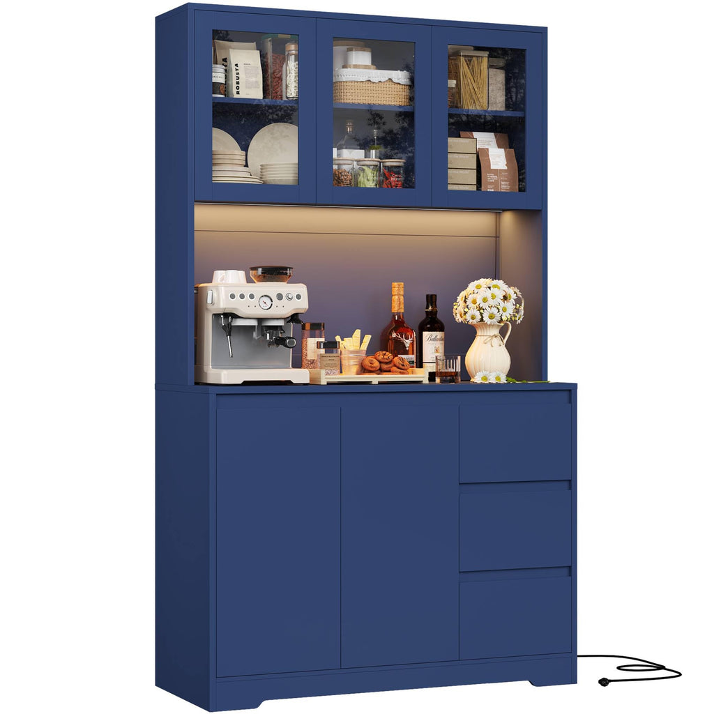 FirFurd Küchenschrank Weiß 180x100x38,5 cm mit LED, Steckdose, Arbeitsplatte, Buffetschrank mit Glastüren & 3 Schubladen