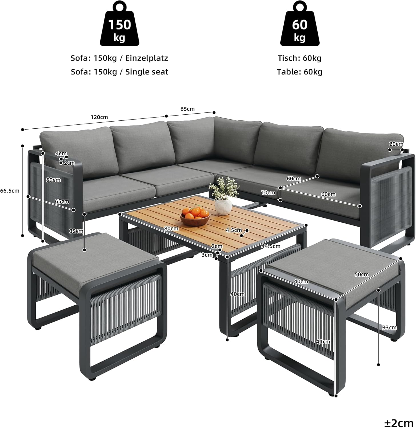 Merax Gartenmöbel Lounge Set Grau für 6-7 Personen, Wetterfestes Gartensofa mit Liege & Eckgarnitur für Terrasse und Balkon