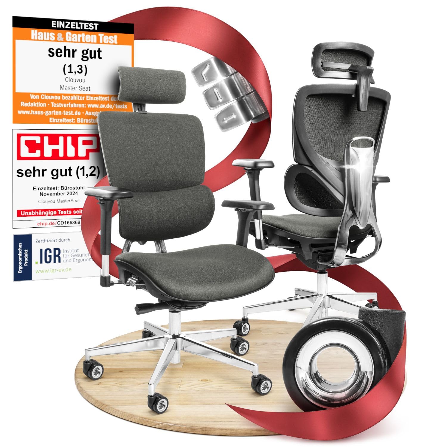 CLOUVOU BrightSeat Bürostuhl Ergonomisch Schwarz bis 150 kg mit Kopfstütze, Lendenstütze, 2D Armlehnen, Drehstuhl