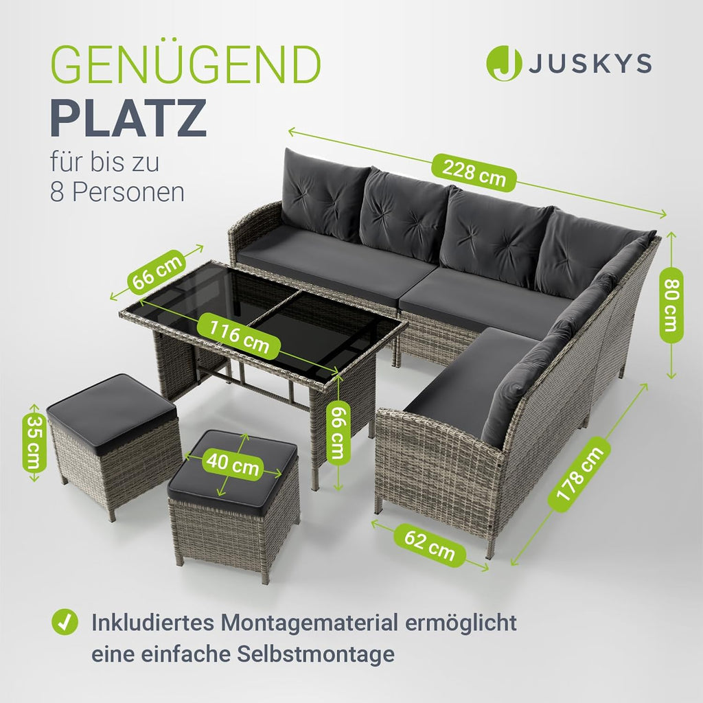 Juskys Polyrattan Gartenlounge Grau – Sitzgruppe mit Ecksofa, Tisch, Hocker, wetterfest, Outdoor Möbel Set