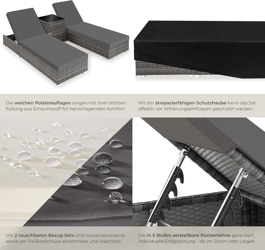 tectake 2er Gartenliege Set mit Tisch - Aluminium & Polyrattan Sonnenliegen, 5-fach Verstellbar, Schutzhülle inklusive