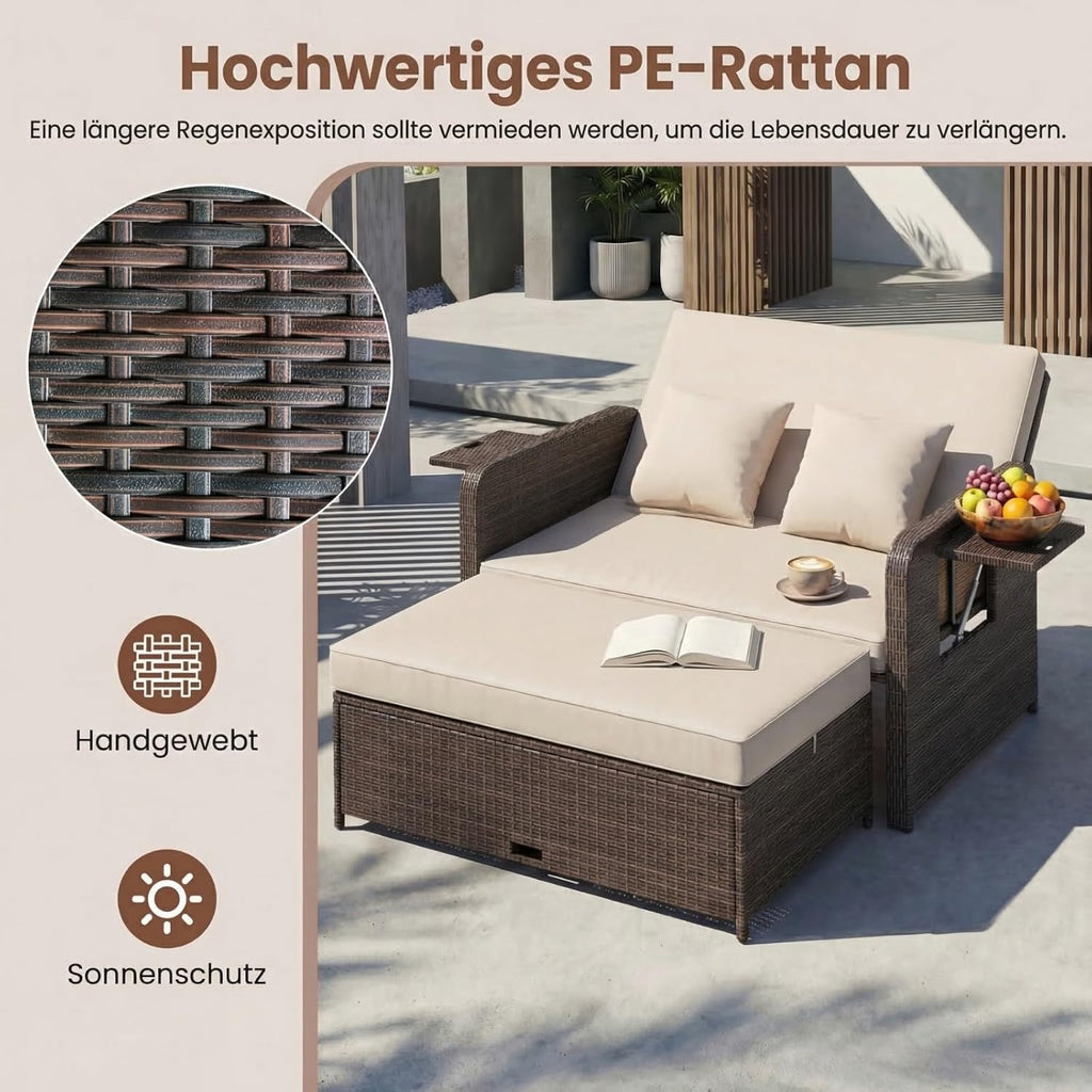 GIANTEX Rattan Lounge Gartenmöbel Set 2-Sitzer Doppelliege mit Hocker & Stauraum, Verstellbares Outdoor Sofa Balkon Terrasse