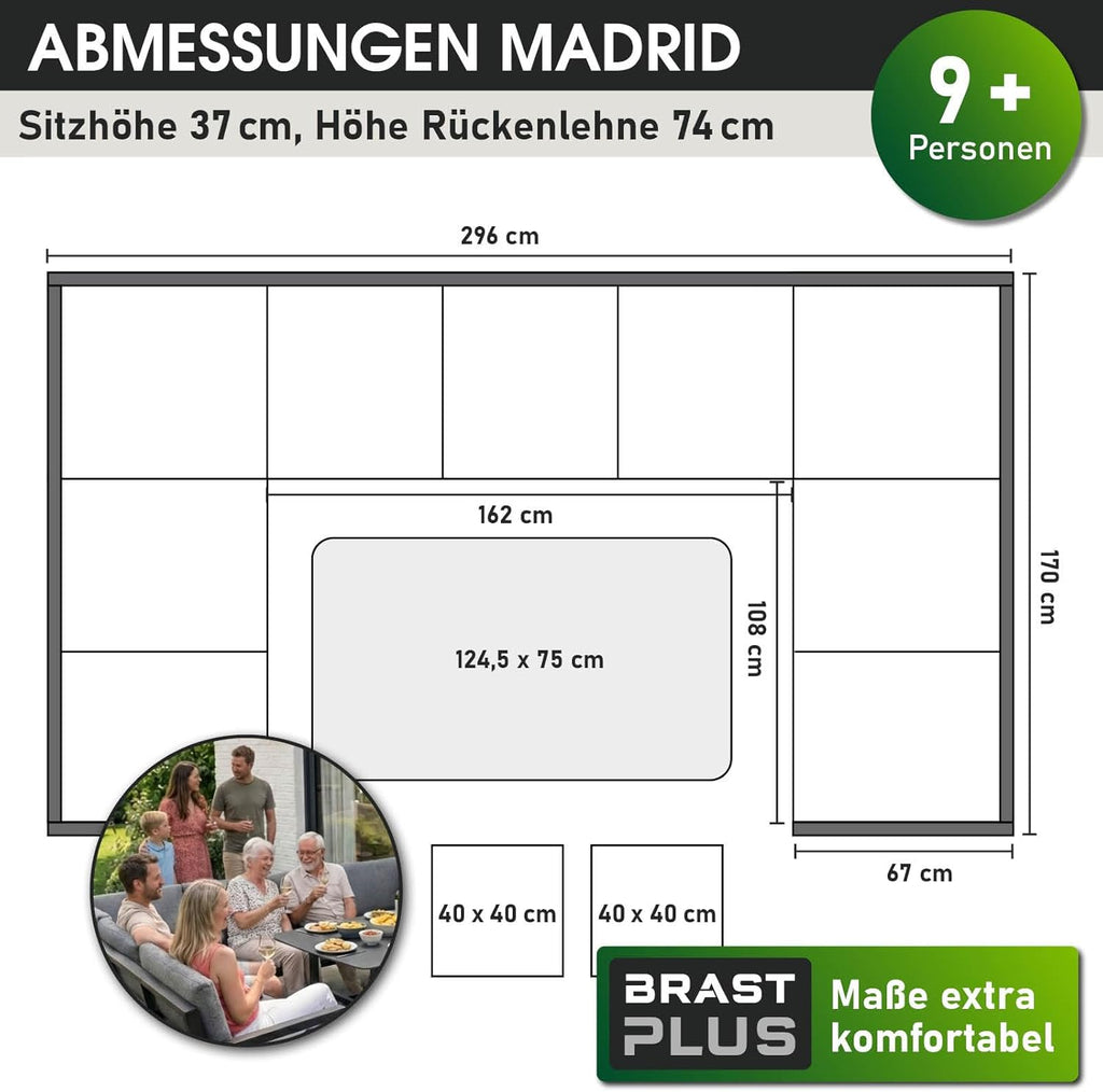 BRAST Gartenmöbel Lounge Set Madrid Hellgrau für bis zu 11 Personen, Wetterfeste Outdoor Sitzgruppe mit Tisch & Hocker