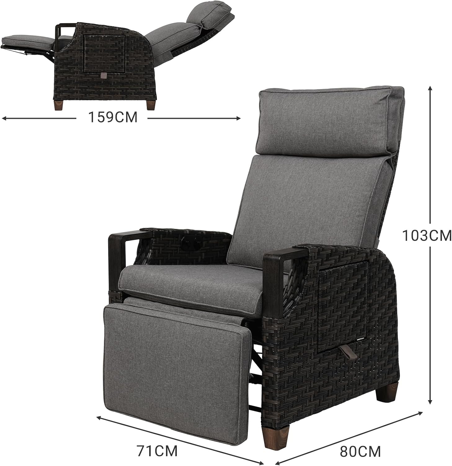 Grand patio Relaxliege Rattan Sonnenliege mit Verstellbarer Rückenlehne & Sitzkissen, Outdoor Liegesessel Braun/Dunkelgrau