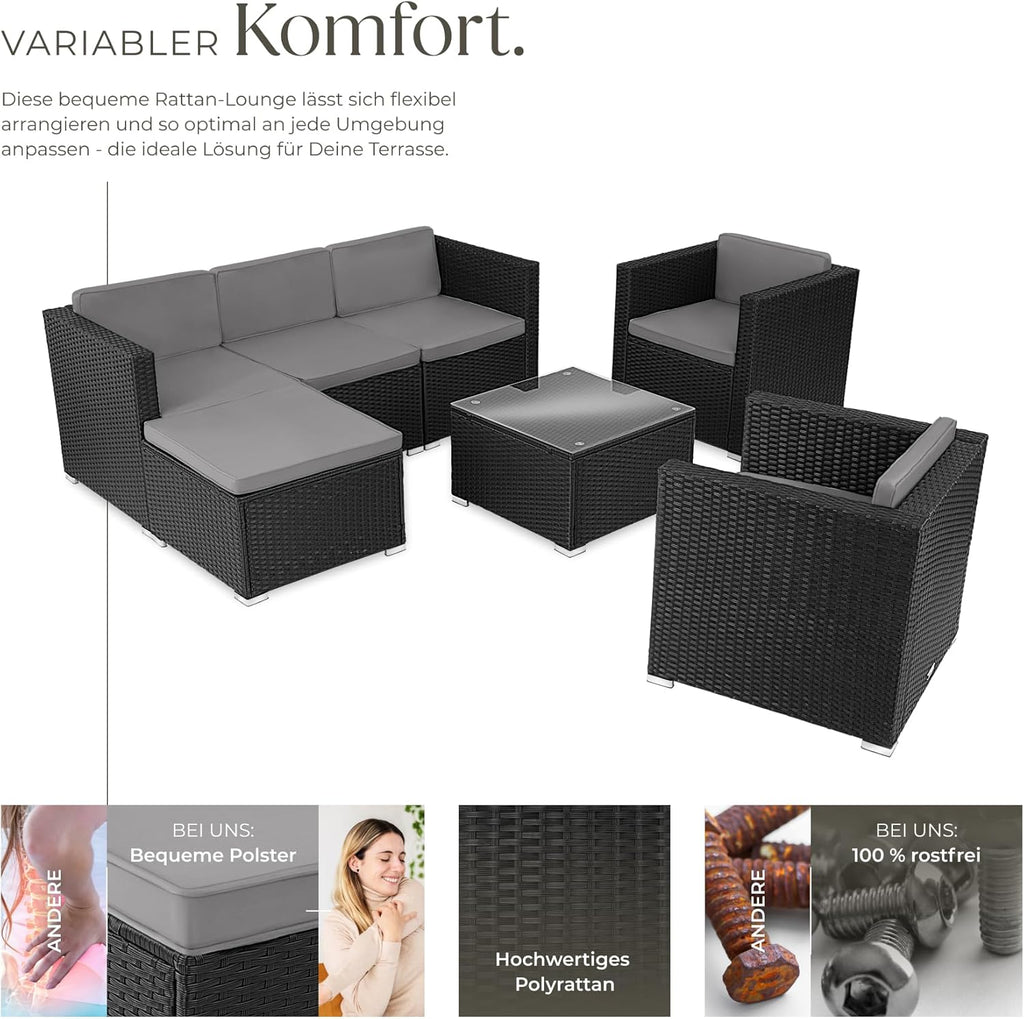 tectake Poly Rattan Lounge Gartenmöbel Set mit Sofa, Sesseln & Tisch – Wetterfeste Outdoor Sitzgruppe