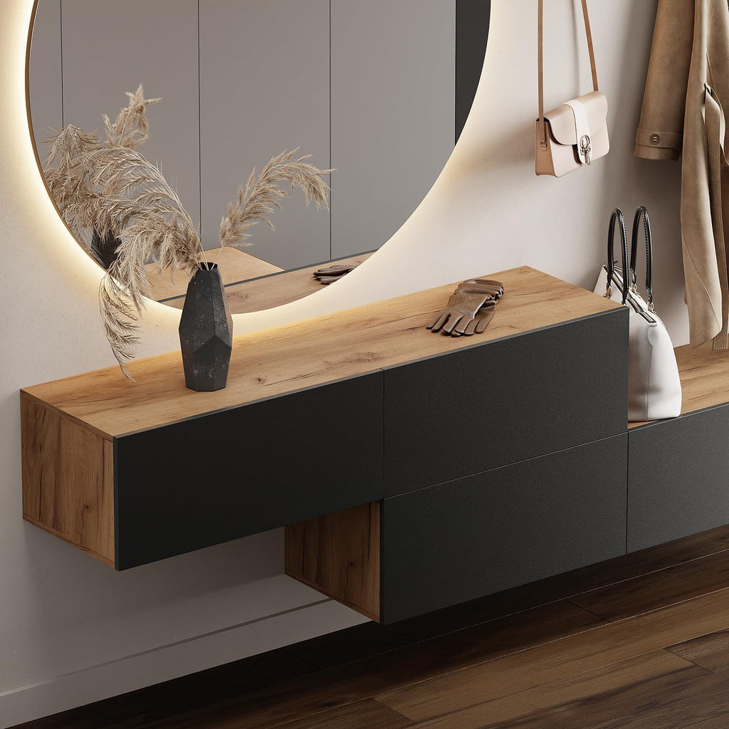 Planetmöbel Flur Garderobe mit Stauraum & Klappe – Hängeschrank Wandgarderobe Holzwerkstoff Gold Eiche Anthrazit