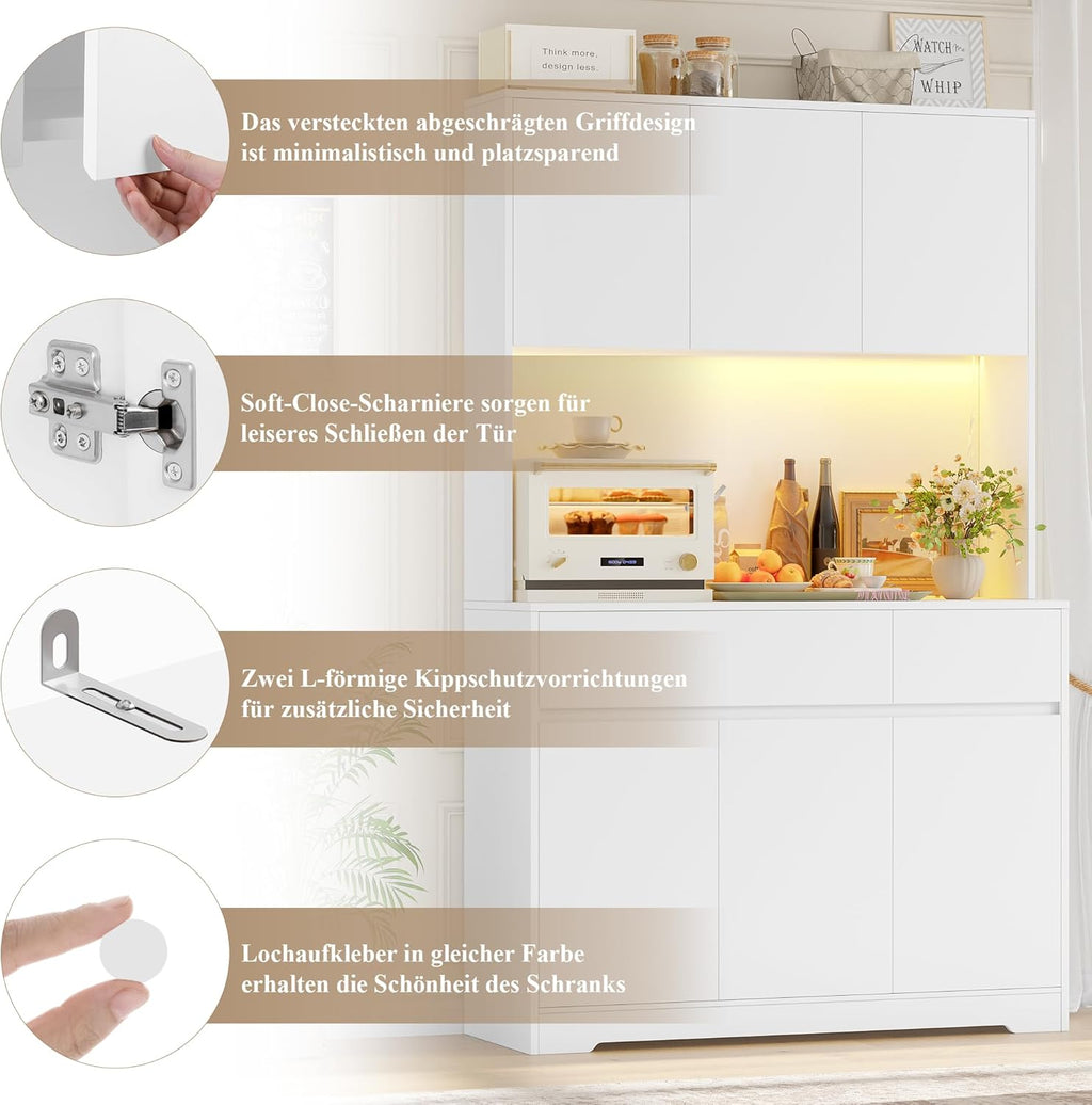 FirFurd Küchenschrank Buffetschrank Weiß 180x100x38,5 cm mit LED, Steckdose, Arbeitsplatte, Sideboard mit Türen & Schubladen