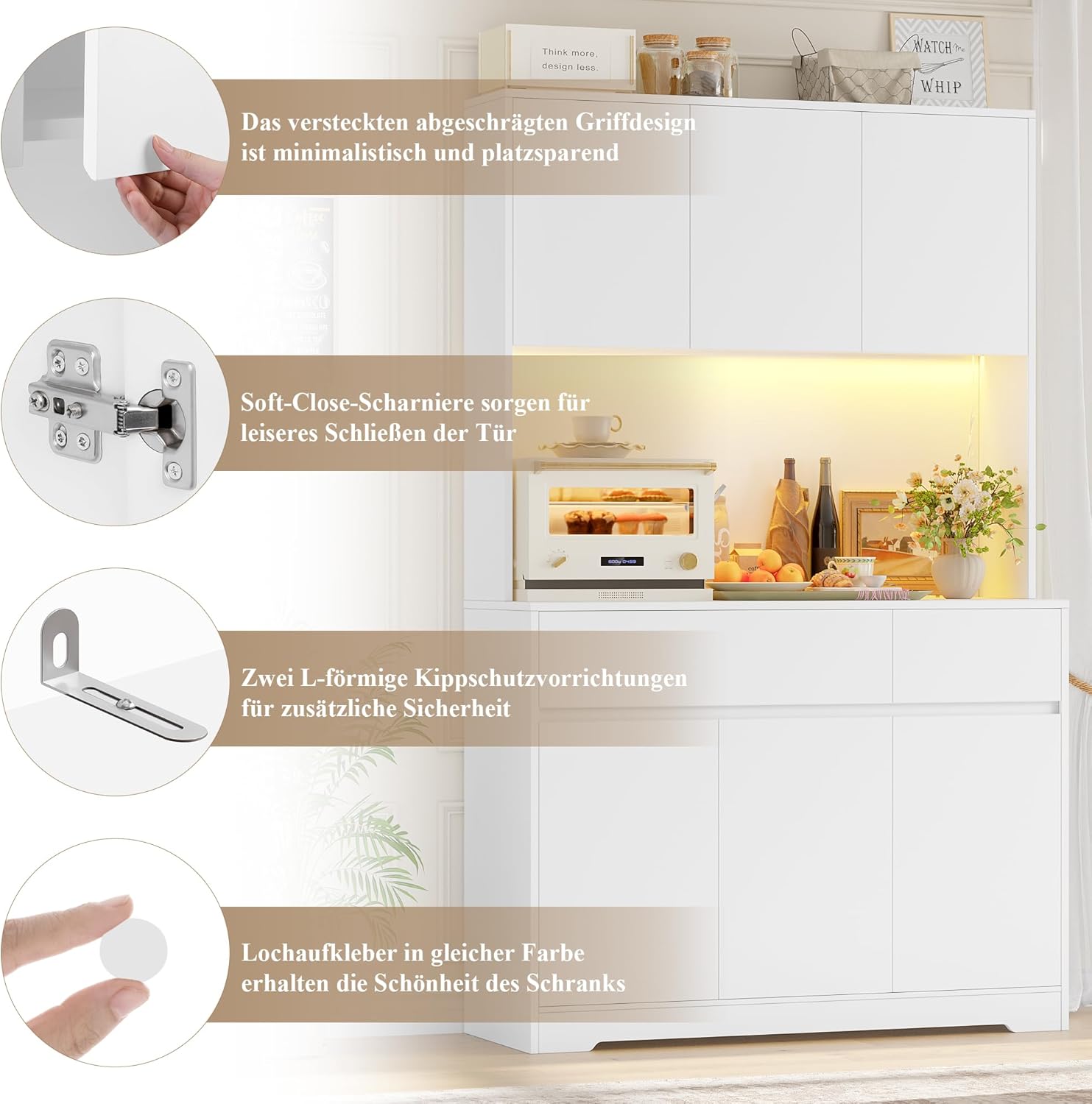 FirFurd Küchenschrank Buffetschrank Weiß 180x100x38,5 cm mit LED, Steckdose, Arbeitsplatte, Sideboard mit Türen & Schubladen